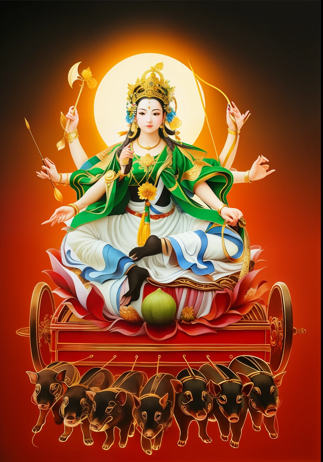 Beautiful woman sitting on a lotus in the car, Three-headed，Total, The arm has eight mudras，Barefoot with both feet，There are seven little pigs pulling the cart in front，goddess of love and peace, indian goddess of wealth, Bodhisattva of Heaven and Earth, Full color illustration, goddess art, goddess of wisdom, ancient chinese goddess，逼real，Professional photography，real，ultra high resolution，masterpiece，