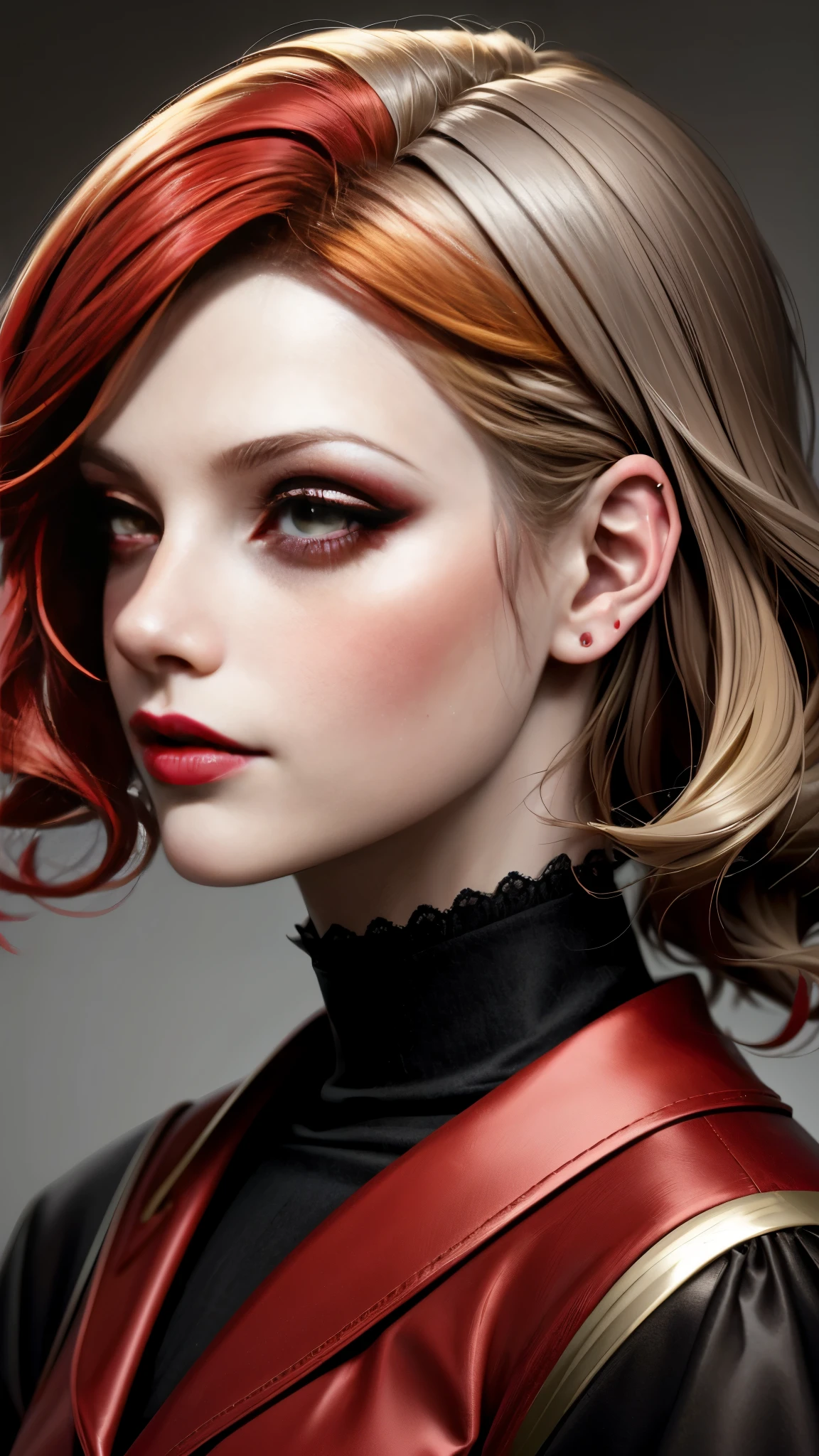 Realistic Red Sotheby Girl Photo，Side waves with a short cut，Blonde hair with red tips，cool look，background is gray，Fancy makeup with red eyeshadow，