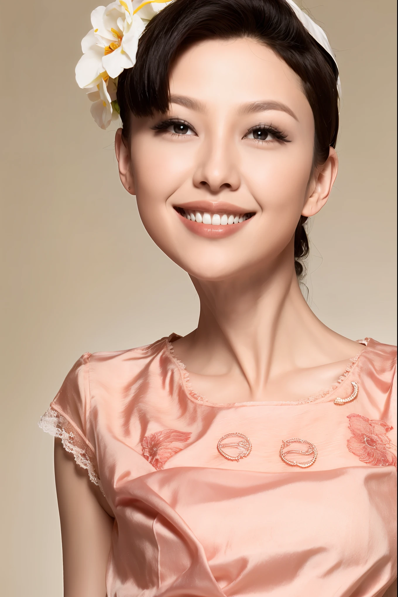 fashion model 20 years old [[[[close up]]]], [[[[neck]]]], [[[[Shoulder]]]], perfect eyes, perfect iris，perfect lips，perfect teeth，Perfect skin，White skin，Soft headlight，High Density Imaging Review，long black hair，（Face is clear and delicate），((white lace underwear))，((Sexy))，(((charming smile)))，((Half body photo))，((The background is the bedroom))，((Deluxe king bed))，best quality，masterpiece，（pastel colors：1.2）