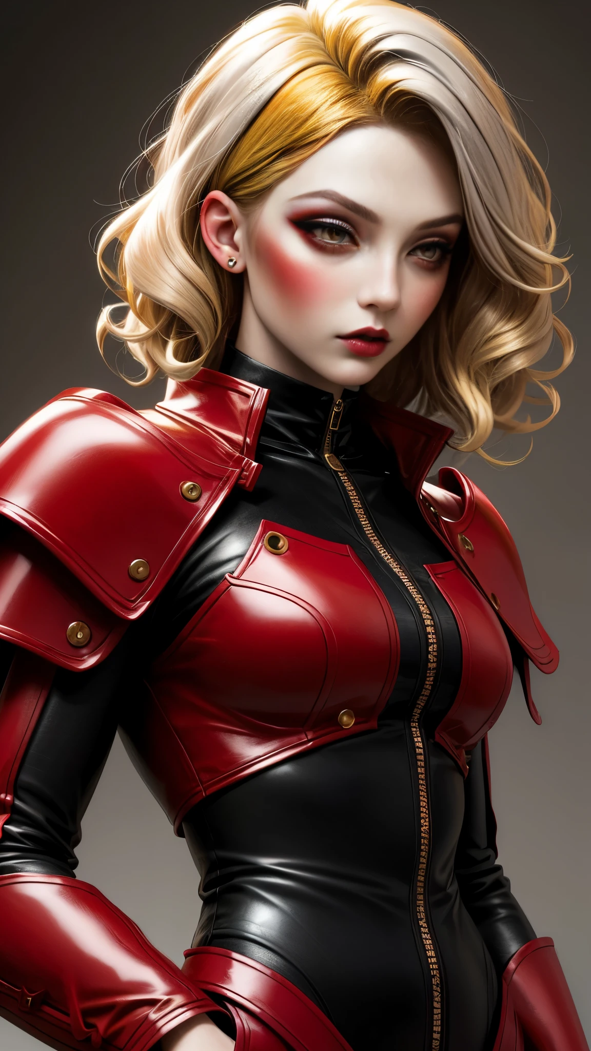Realistic Red Sotheby Girl Photo，Side waves with a short cut，Blonde hair with red tips，cool look，background is gray，Fancy makeup with red eyeshadow，