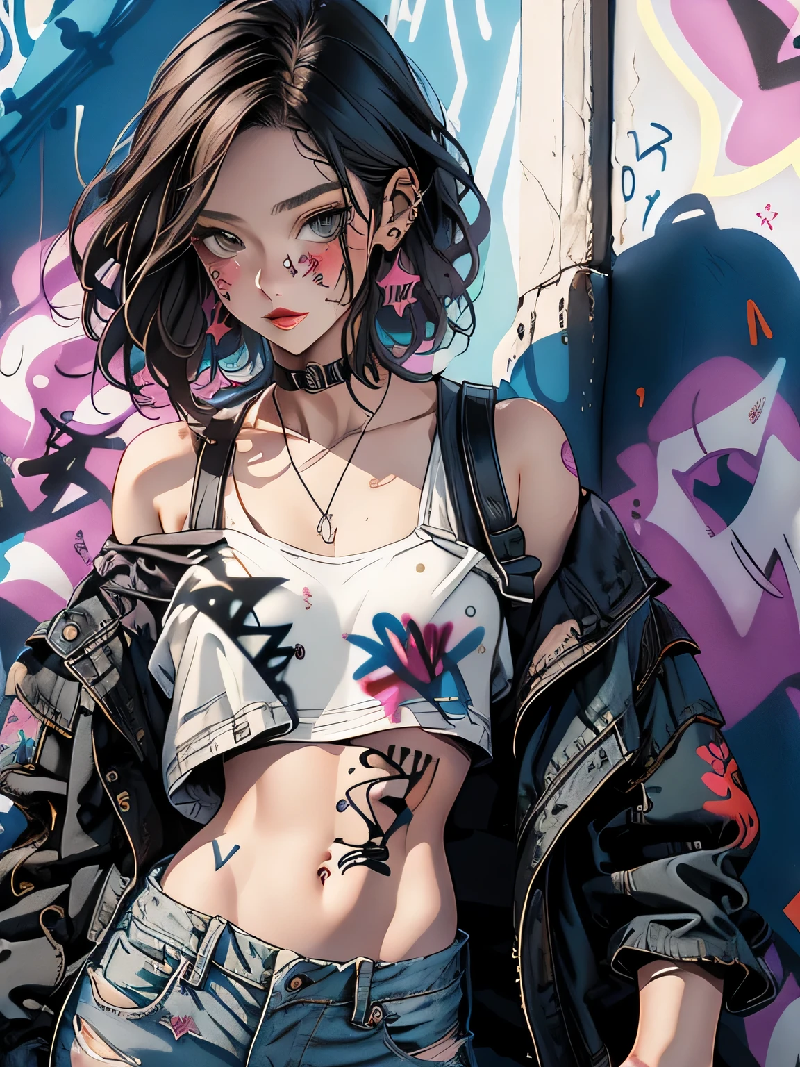 masterpiece, highest quality, pixiv, one cool girl, the strongest pirate girl, topless, small breasts、Completely naked、lips in love, dark brown hair, bob hair, gray eyes, white skin, gal, provocative、(((graffiti art))),　Improve