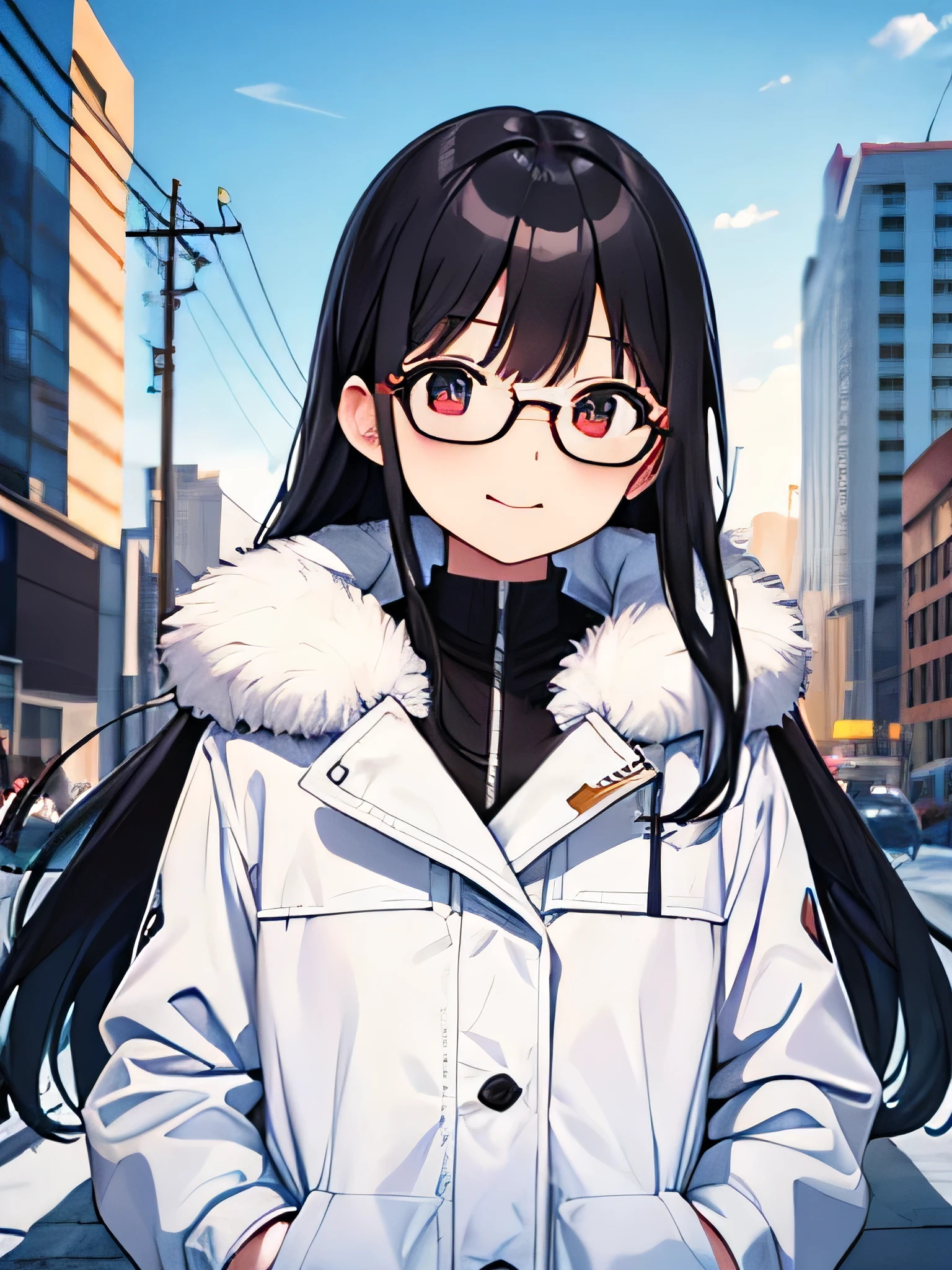 sam yang,, 1 girl, animal, animal on shoulder, bird, black rim glasses, black eye, black hair, blue null, cityscape, clear null, coat, Day, earrings, wear glasses, Glasses removed, fur coat, Jacket, jewelry, long hair, looking to the side, outdoors, power line, red lips, null, smile, snow, alone, sunglasses, white bird, white coat, winter, winter clotheasterpiece))