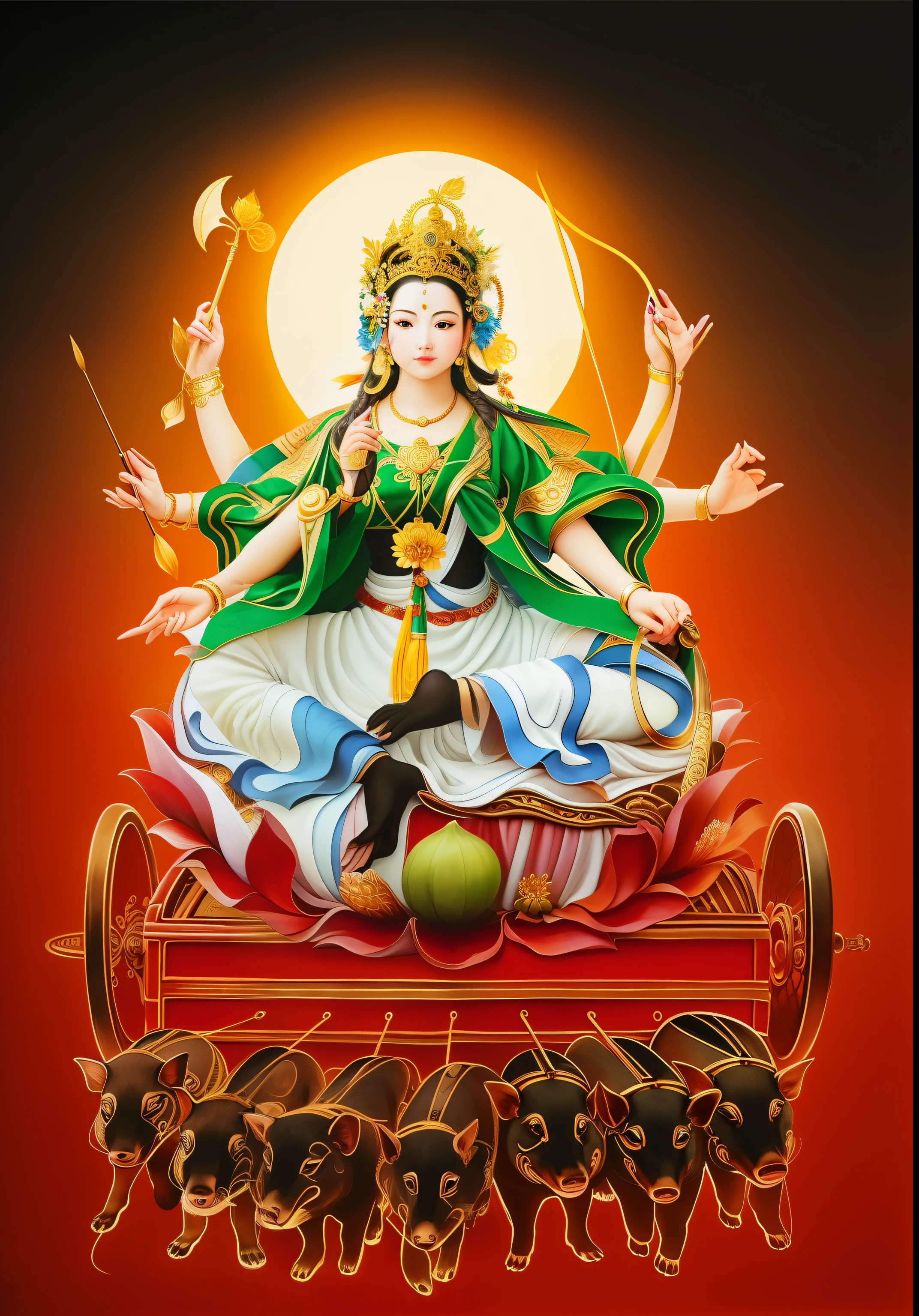 Beautiful woman sitting on a lotus in the car, Three-headed,all, The arm has eight mudras,Barefoot with both feet,There are seven little pigs pulling the cart in front,goddess of love and peace, indian goddess of wealth, Bodhisattva of Heaven and Earth, Full color illustration, goddess art, goddess of wisdom, ancient chinese goddess,逼true,Professional photography,true,ultra high resolution,masterpiece,