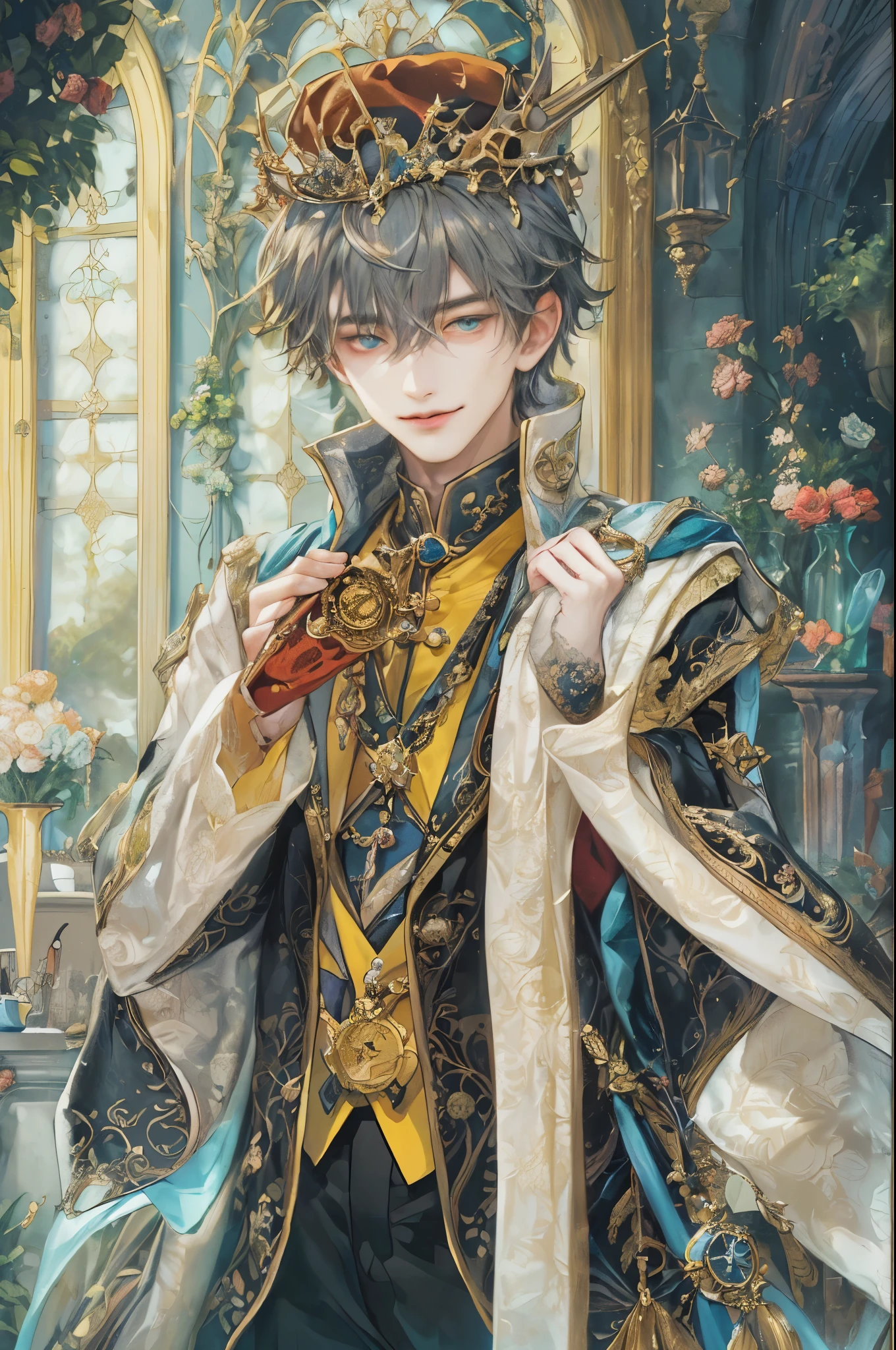 ((absurdres, highres, ultra detailed, perfect face), 1 boy , front view, young boy, handsome boy villain character from Uta no Prince sama, short hair, anime eyes, alchemist clothes with colorful details, eyes on the viewer, add red details to picture and smirk, dimples, extremely detailed CG unity 8k wallpaper, add blue details on side, intricate details and add yellow details on left, rose ornaments, witch castle background, detailed houses town scenery window background, tim burton style theme