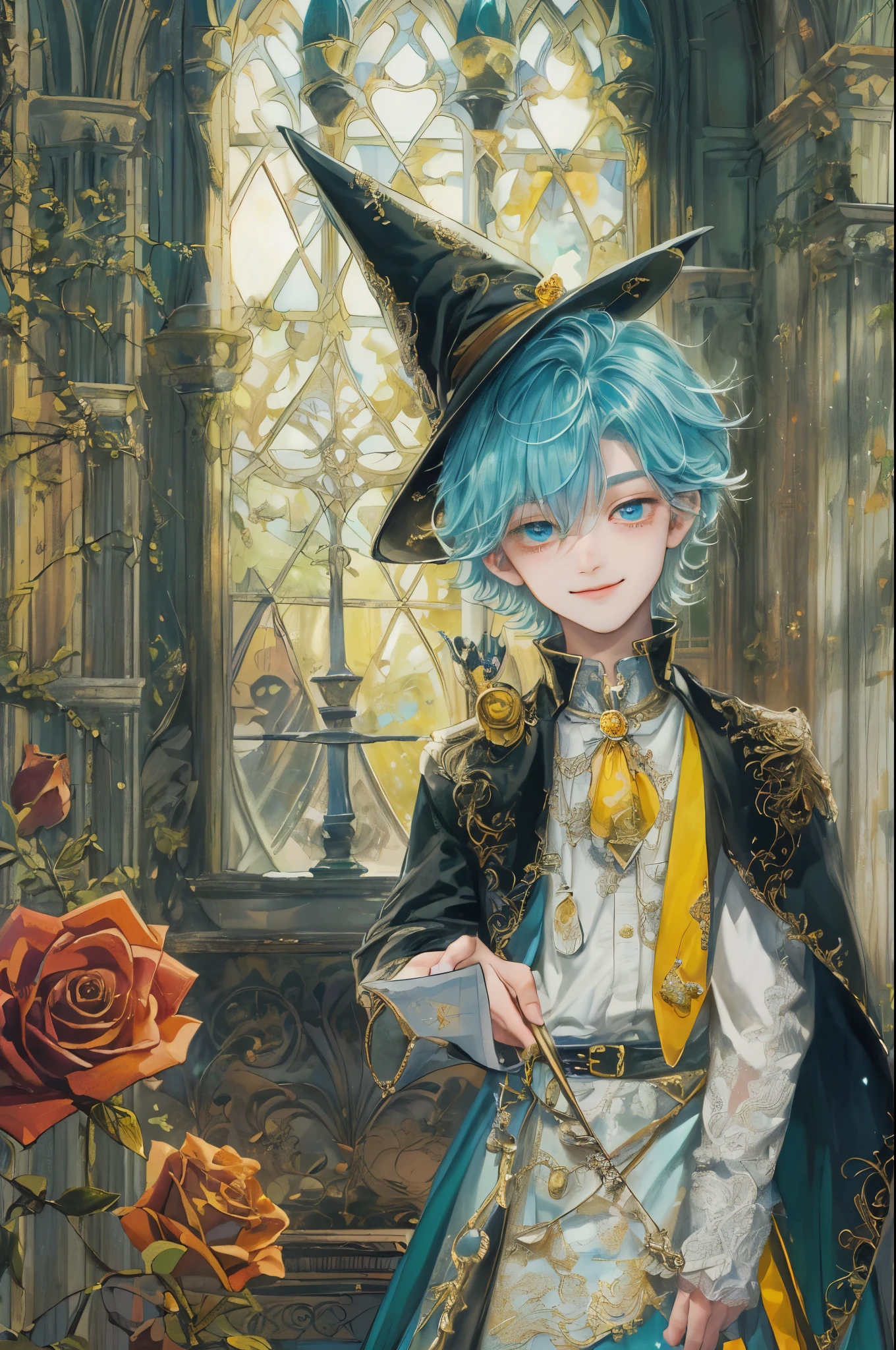 ((absurdres, highres, ultra detailed, perfect face), 1 boy , front view, young boy, handsome boy villain character from Uta no Prince sama, short hair, anime eyes, alchemist clothes with colorful details,  eyes on the viewer, add red details to picture and smirk, dimples, extremely detailed CG unity 8k wallpaper, add blue details on side, intricate details and add yellow details on left, rose ornaments, witch castle background, detailed houses town scenery window background, tim burton style theme