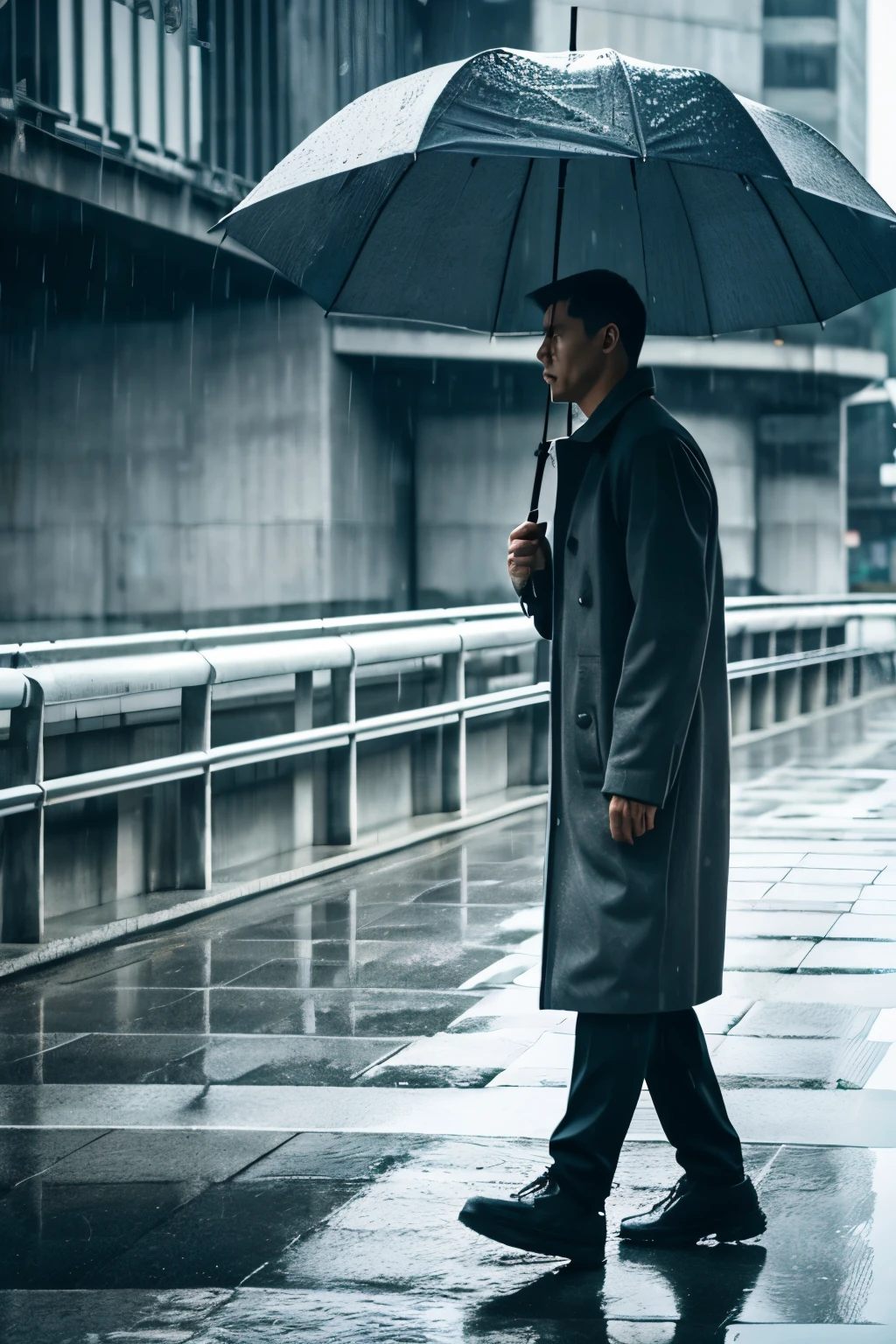 Man in coat,monotone,walking in the rain without an umbrella,Concrete-like background,Showing from the side