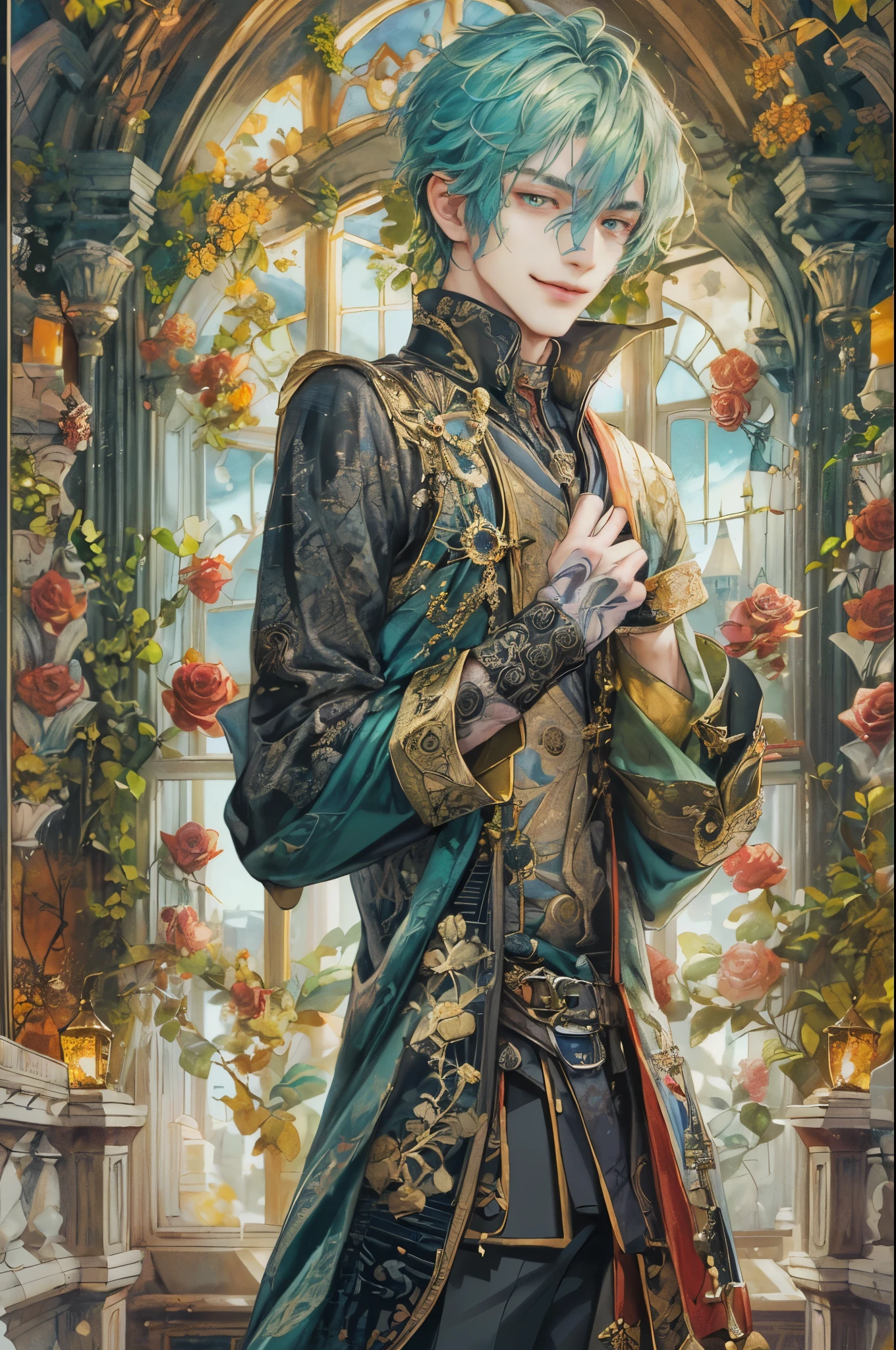 ((absurdres, highres, ultra detailed, perfect face), 1 boy , front view, young boy, handsome boy villain character from Uta no Prince sama, short hair, anime eyes, alchemist clothes with colorful details,  eyes on the viewer, add red details to picture and smirk, dimples, extremely detailed CG unity 8k wallpaper, add blue details on side, intricate details and add yellow details on left, rose ornaments, witch castle background, detailed houses town scenery window background, tim burton style theme