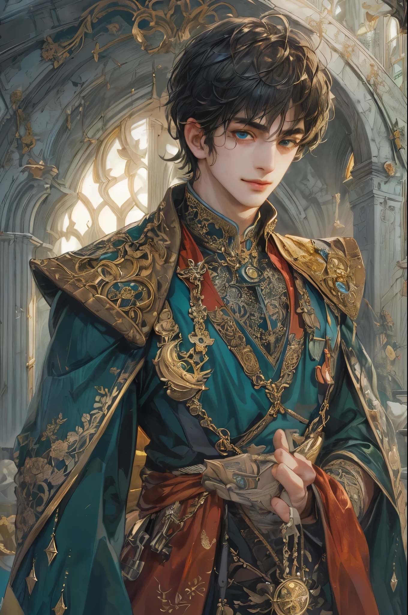 ((absurdres, highres, ultra detailed, perfect face), 1 boy , front view, young boy, handsome boy villain character from prince of Persia, short hair, anime eyes, celestial clothes with colorful details,  eyes on the viewer, add red details to picture and smirk, dimples, extremely detailed CG unity 8k wallpaper, add blue details on side, intricate details and add yellow details on left, rose ornaments, witch castle background, detailed houses town scenery window background, tim burton style theme