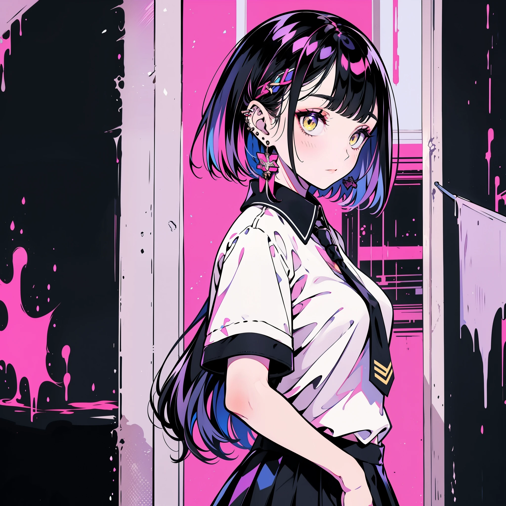 girl in school uniform with black and purple hair standing in front of 黄色の背景, 1 girl, alone, short hair, skirt, shirt, black hair, tie, white clothes、doctor、simple background, white shirt, yellow eyes, black tie, jewelry, pleated skirt, From the side, short sleeve, earrings, collared shirt, shirt tucked in,rum \(rumダヨー\)