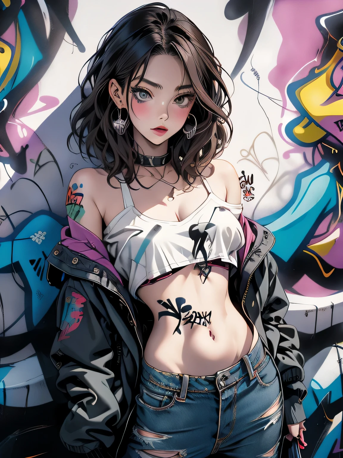 masterpiece, highest quality, pixiv, one cool girl, the strongest pirate girl, small breasts、Completely naked、lips in love, dark brown hair, bob hair, gray eyes, white skin, gal, provocative、(((graffiti art))), Improve