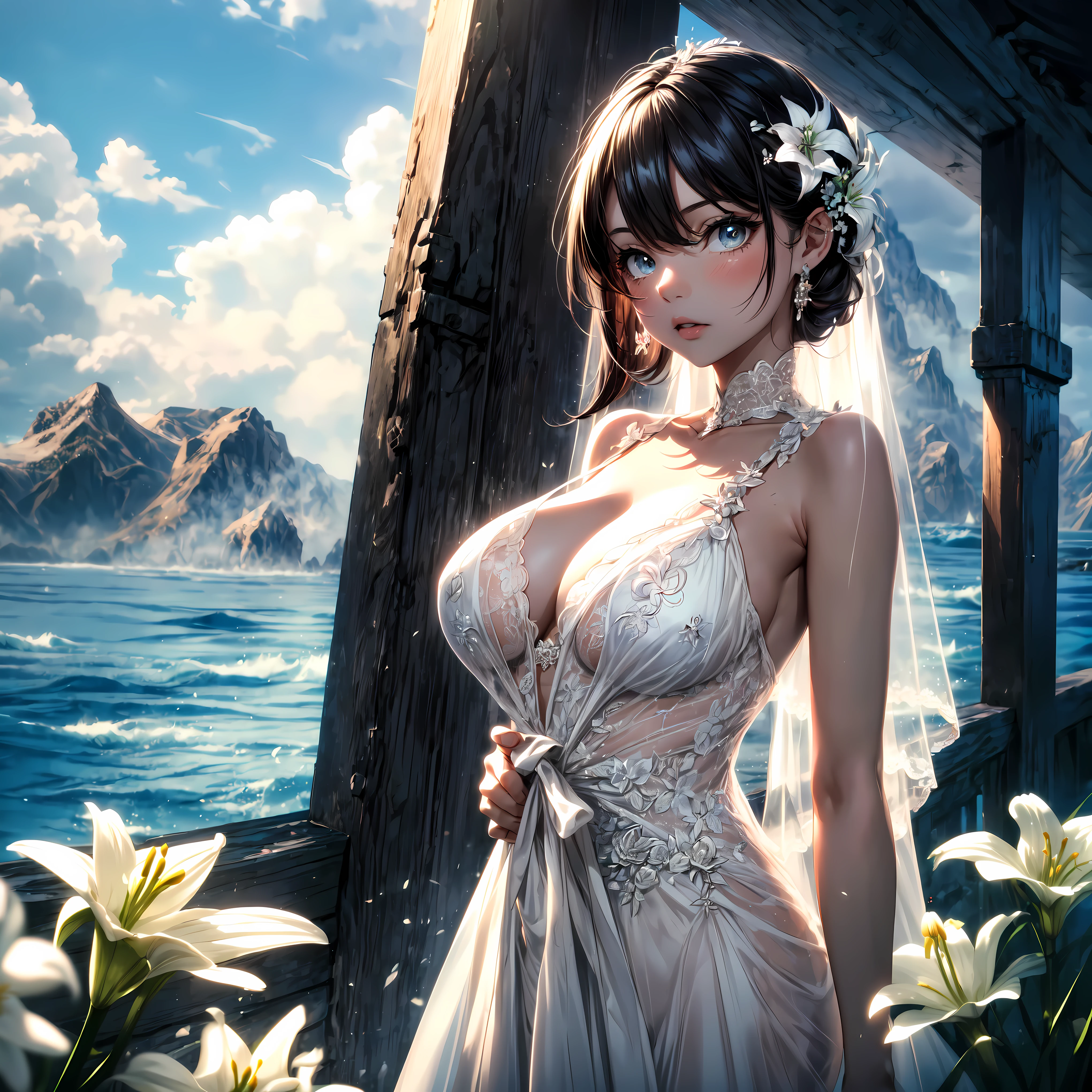 (A 7 year old girl:1.2), (Very young ), Change, (alone), (small breasts:1.2), (wide angle), (white lily flower), original photo, Aesthetic, complex, won, cybernetic enhancement, chiaroscuro, best quality, Detailed background, (Ooth atmosphere:1.2), (cloudy day),((Girl in heavy silk wedding dress:1.2)), very large wedding dress, Large lace texture wedding dress, Very long wedding veil, best wrinkles, real wrinkles, Best shadows, (walk through (foggy seaside)), (real location), Exquisite and beautiful eyes, casual gesture, Detailed texture, pose, (anatomically correct body, Detailed face, (非常Detailed texture婚纱,with tiny patterns), (black hair), thick hair, hair accessories, Heart, Outdoor activities, white dress, sky porn, (Beautiful and detailed sea:1.1),( beautiful fine sand:1.1), (Mountain), yukata,(cloudy, Ooth)