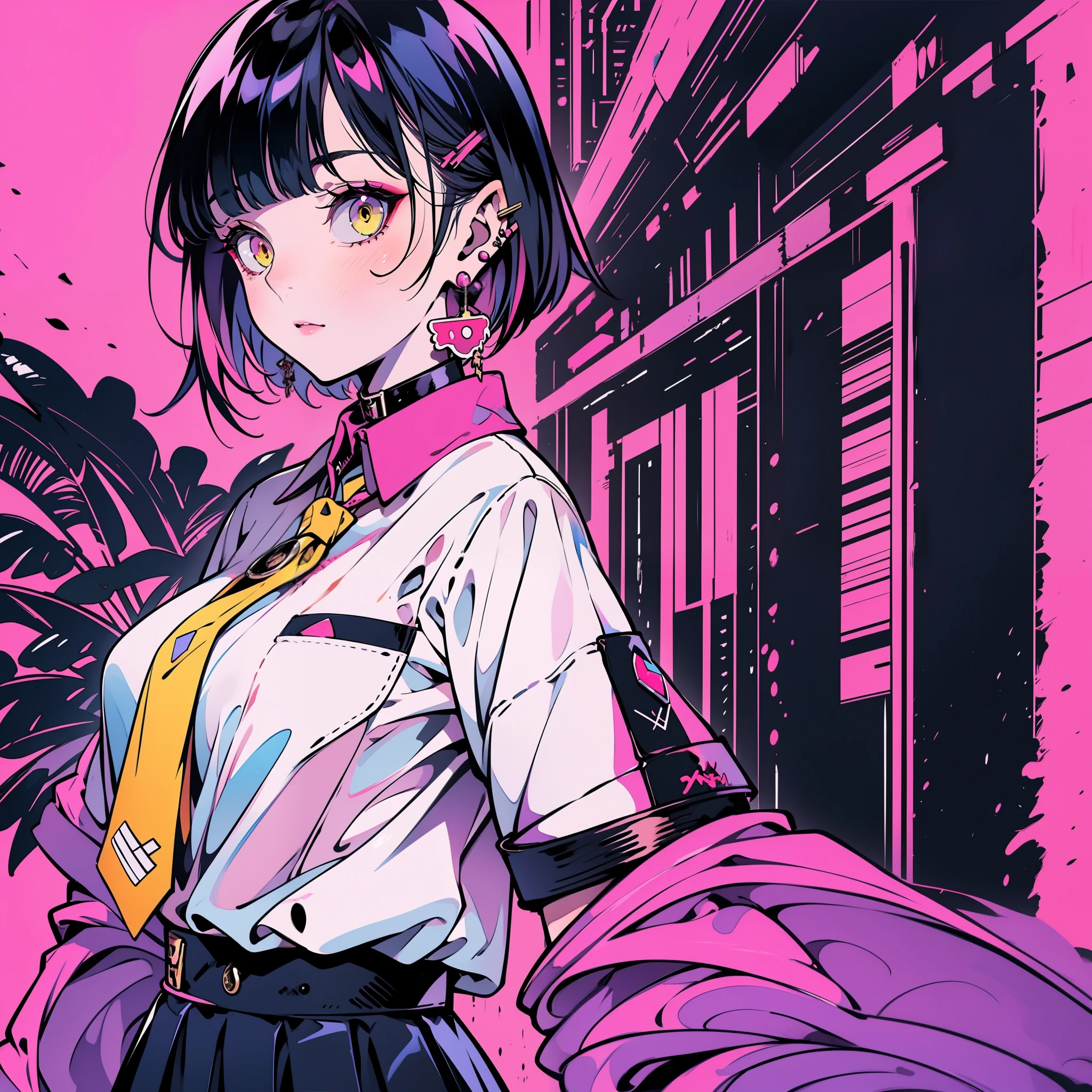 girl in school uniform with black and purple hair standing in front of 黄色の背景, 1 girl, alone, short hair, skirt, shirt, black hair, tie, white clothes、doctor、simple background, white shirt, yellow eyes, black tie, jewelry, pleated skirt, From the side, short sleeve, earrings, collared shirt, shirt tucked in,rum \(rumダヨー\)