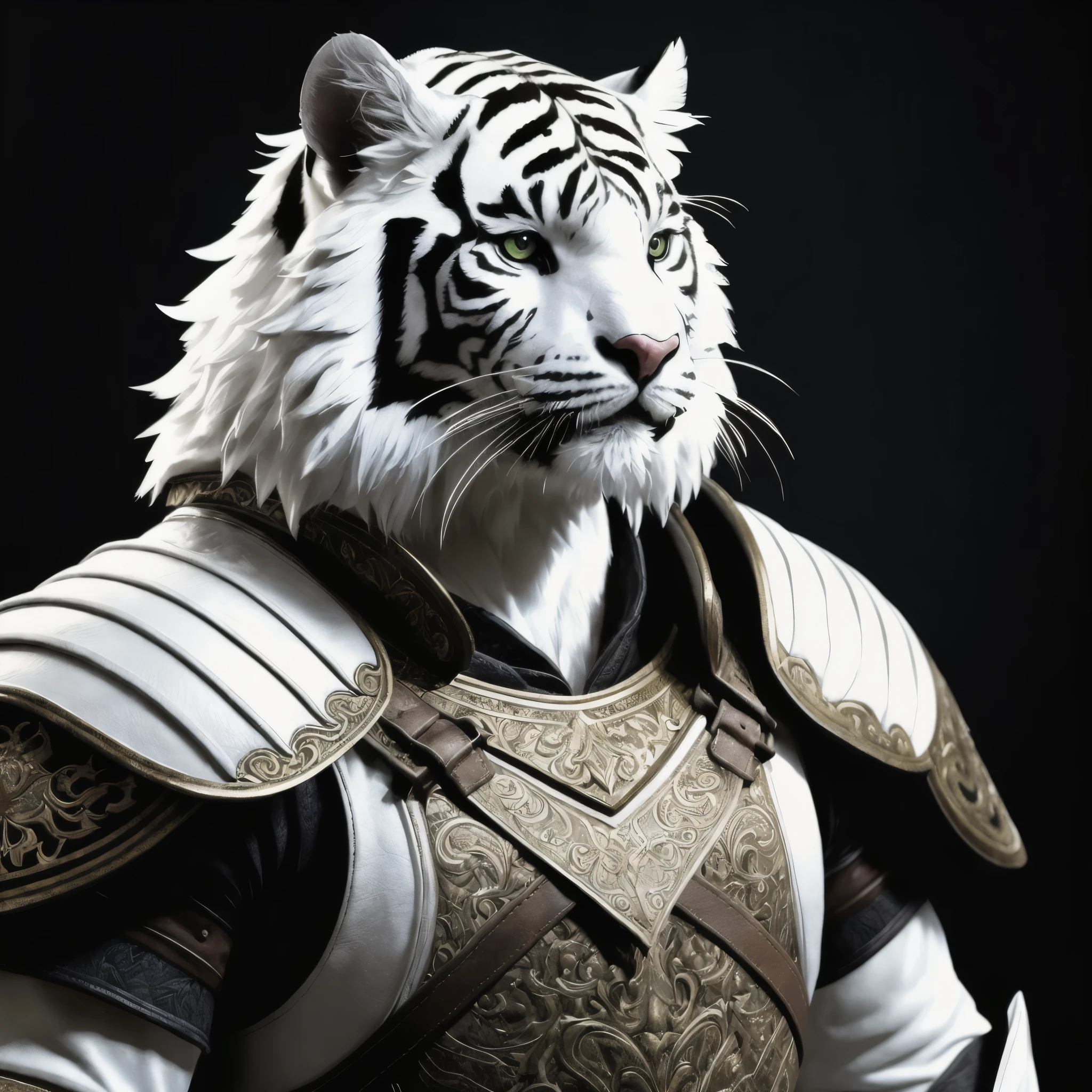 renaissance style, perfect composition, ((Extremely realistic)) ((Extremely detailed)) ((anatomically correct)) Profile portrait of a (((fluffy white tiger tabaxi))) fighter ((male)), (((damaged brown leather cuirass))) (((tattered brown cloak))), ((Angled shot)), black background, greg rutkowski, Robert Oxley, concept art, vfx, intricate, 8k resolution, hyperrealistic, full body shot, complex, textured, trending on /r/art, octane render, fantasy, medieval, very beautiful, hard lighting, epic, powerful, rule of thirds, -ar 16:9, -stylize 60000, -quality 5, high detail, chiaroscuro, atmospheric perspective, UHD, anatomically correct, 8k, photorealistic