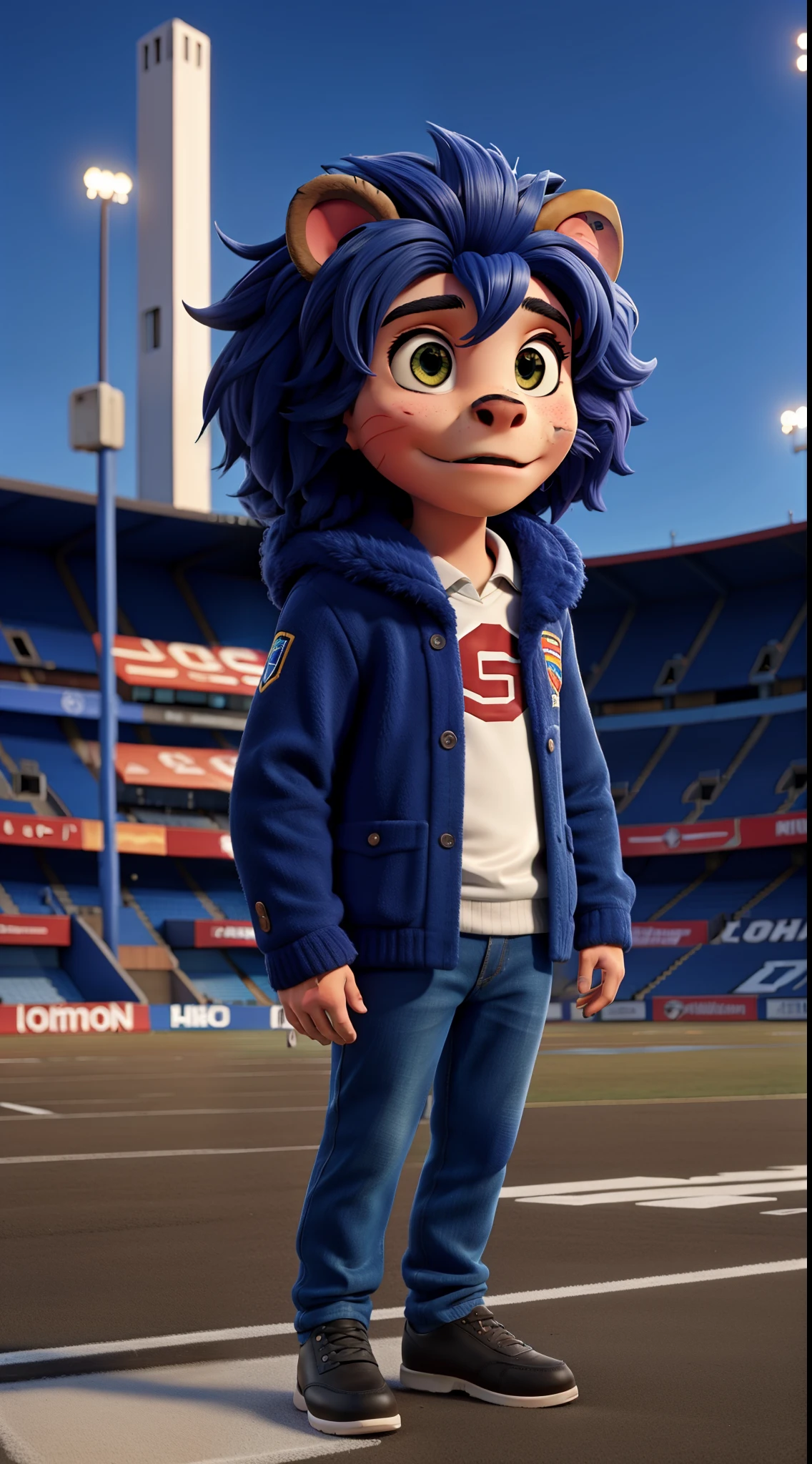 a lion crazy, dark blue fur, Clothing football, In front of the football stadium, 1 person
