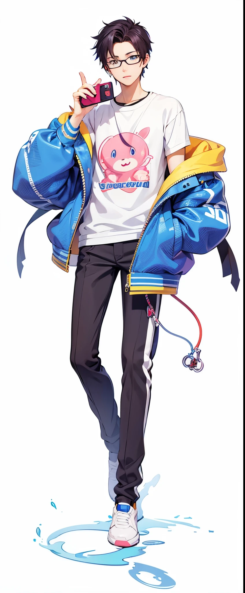 Anime boy wearing glasses and jacket holding mobile phone, anime full body illustration, full body illustration, short full body portrait!, Single character full body, style anime, Tall anime character with blue eyes, rossdraws cartoon vibrant, High quality anime art style, 2D anime style, anime style characters, guweiz style artwork