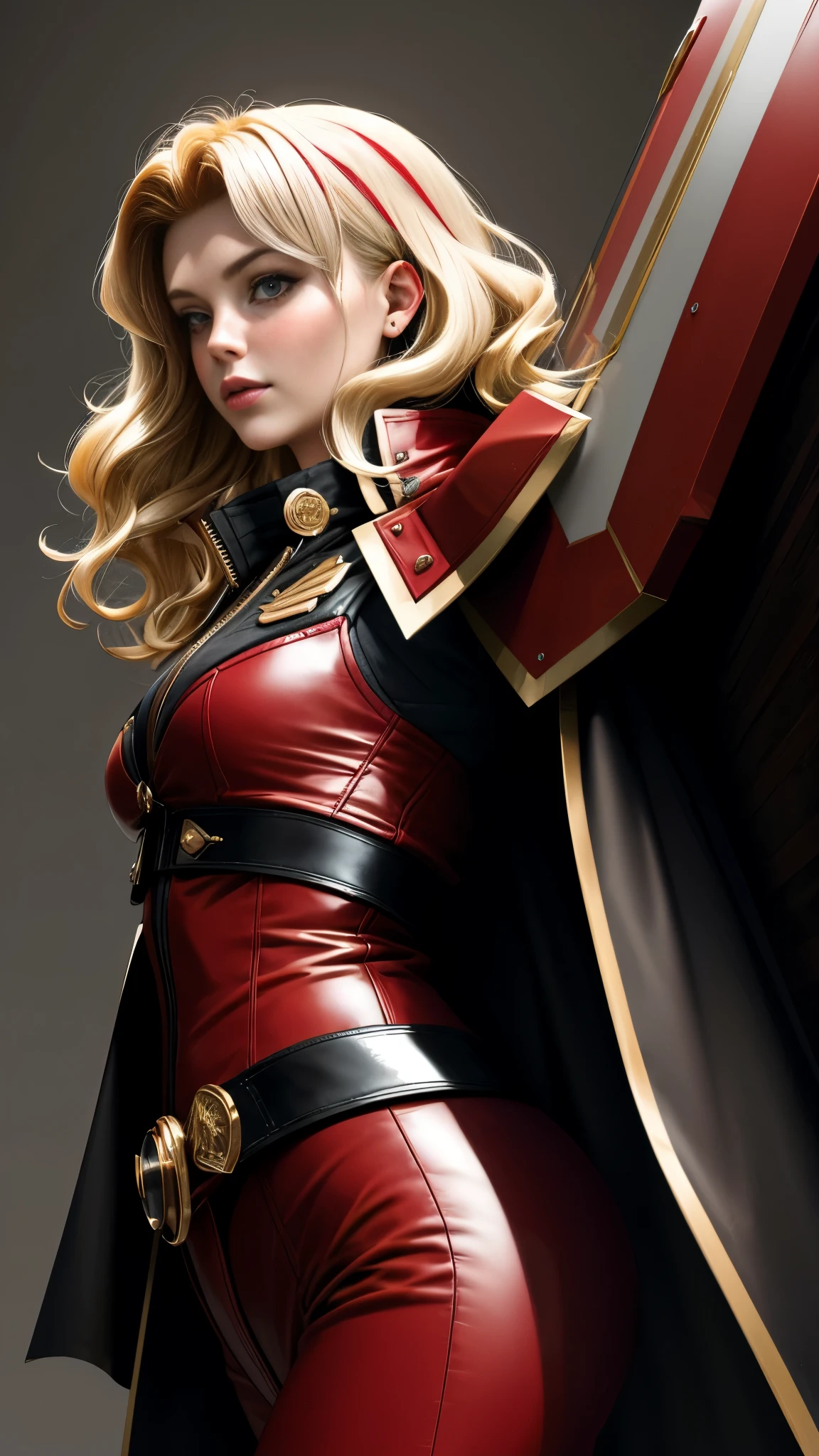 Realistic Red Sotheby Girl Photo,Side waves with a short cut,Blonde hair with red tips,cool look,background is gray,Coat of arms of the Principality of Zeon,