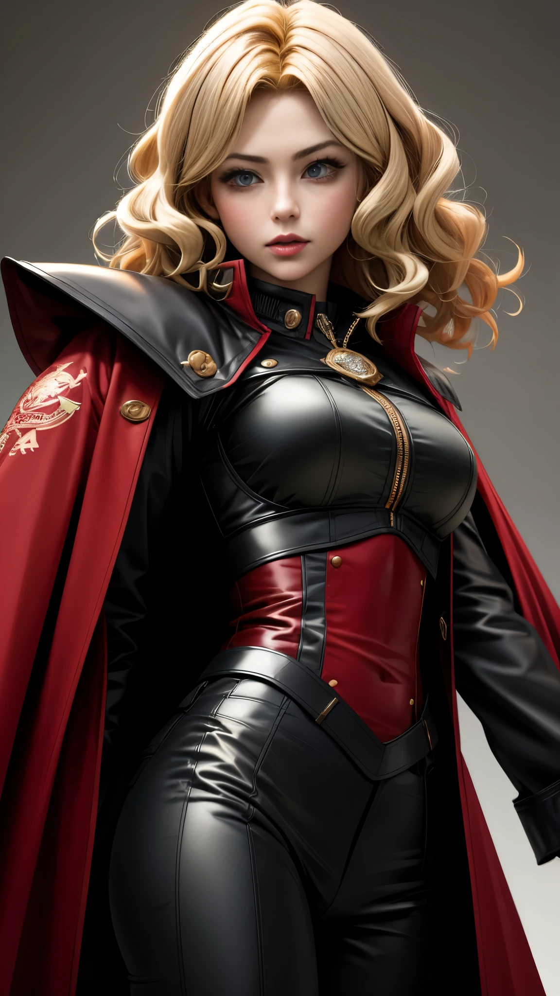Realistic Red Sotheby Girl Photo，Side waves with a short cut，Blonde hair with red tips，cool look，background is gray，Coat of arms of the Principality of Zeon，