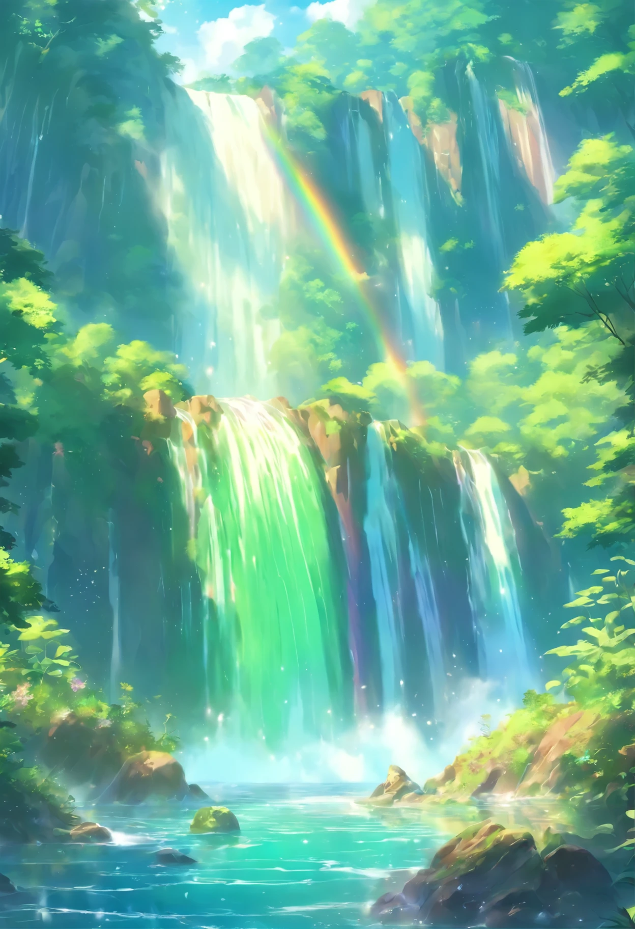 This is a picture depicting a waterfall,fast flowing water,Water mist。Sunlight penetrates water mist,formed a beautiful rainbow。It is surrounded by dense forests,There is a clear lake below the waterfall。Moss and ferns grow on the rocks,Adds a touch of natural vitality to the entire scene