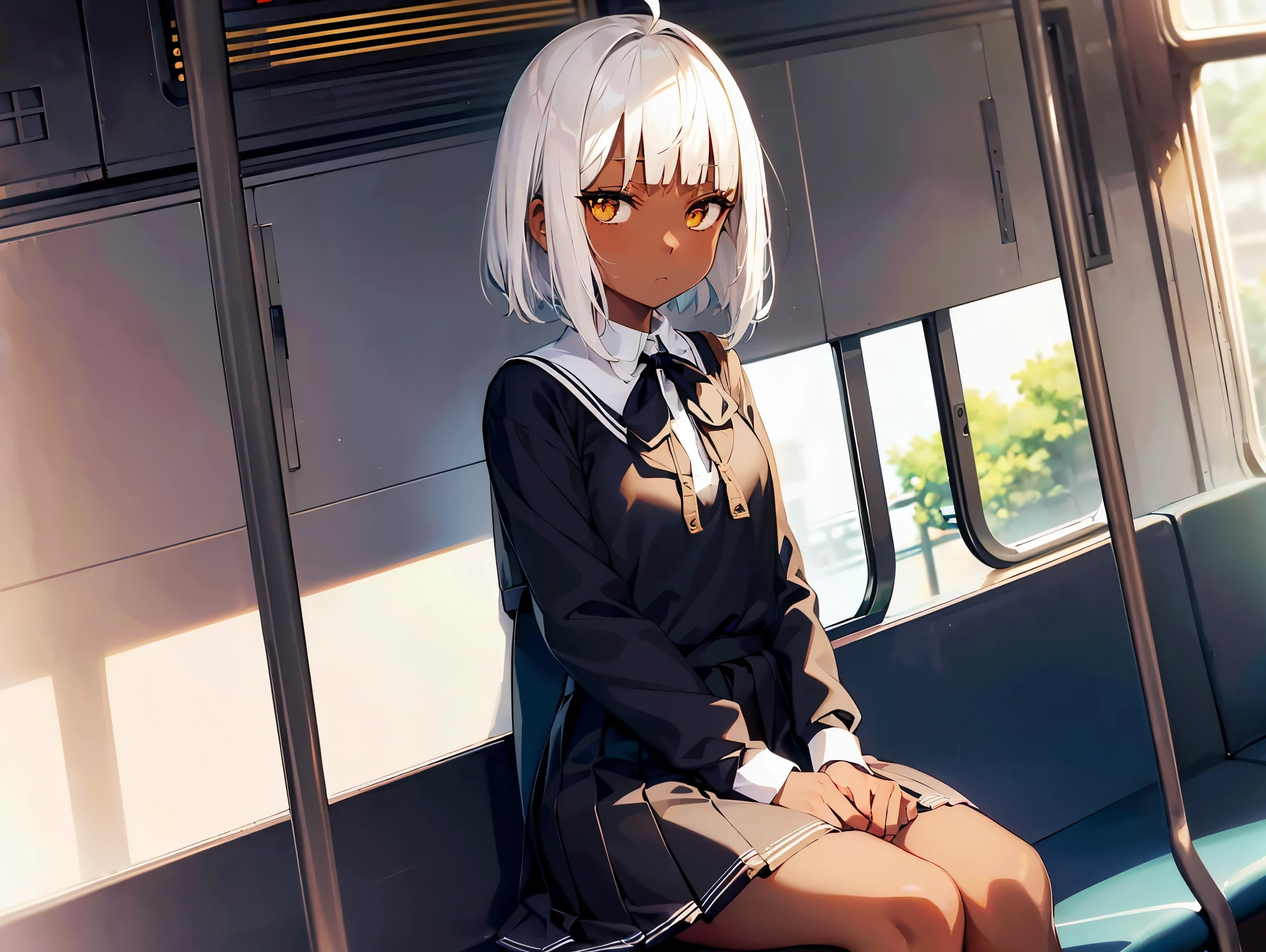 Cimematic vision, nigth, ((1girl)), (lolita), ((((dark skin)))), ((((short white hair)))), (((blunt bangs))), yellow eyes, ((cabelo emaranhado)), ((((no expression)))), Sonolenta, ((ahoge)), ((black school uniform)), Red tie, desleixada, ((melhor qualidade)), ((obra de arte)), (detalhado), rosto perfeito, ((style novel)) sitting, ((in bus)), cores beautiful, ((((style anime Shikimori-san))))