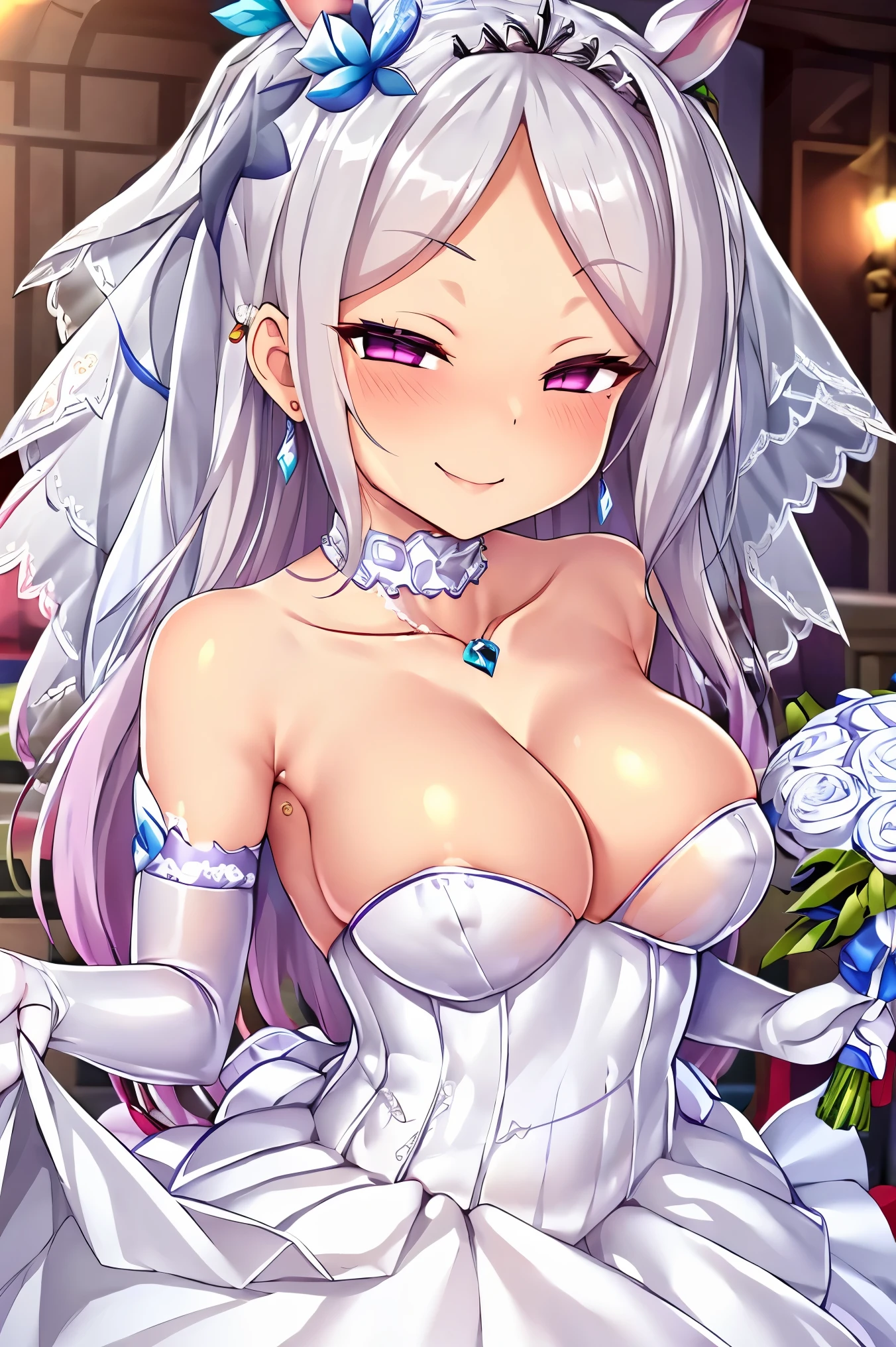 floral background, corruption, empty eyes, half-closed eyes, evil smile, no pupils, crazy smile, 1girl, mejiro mcqueen, horse ears, solo, long hair, flower, dress, tiara, beautiful bride in bridal dress, Blushing face, Head flower, headgear, (tube top wedding dress:1.5), (silk dress:1.2), (strapless wedding dress:1.5), pure white dress, necklace, earrings, (large breasts:1.3), Neck ornaments, Deep V peach heart collar wedding dress, Bouquet, lipstick, (White long elbow gloves:1.3), (Bridal veil:1.2), (Transparent short veil:1.2), upper body, parted bangs, very long hair, blue dress, frills, bangs, closed mouth, detailed eyes, gleaming skin, shiny glossy skin
