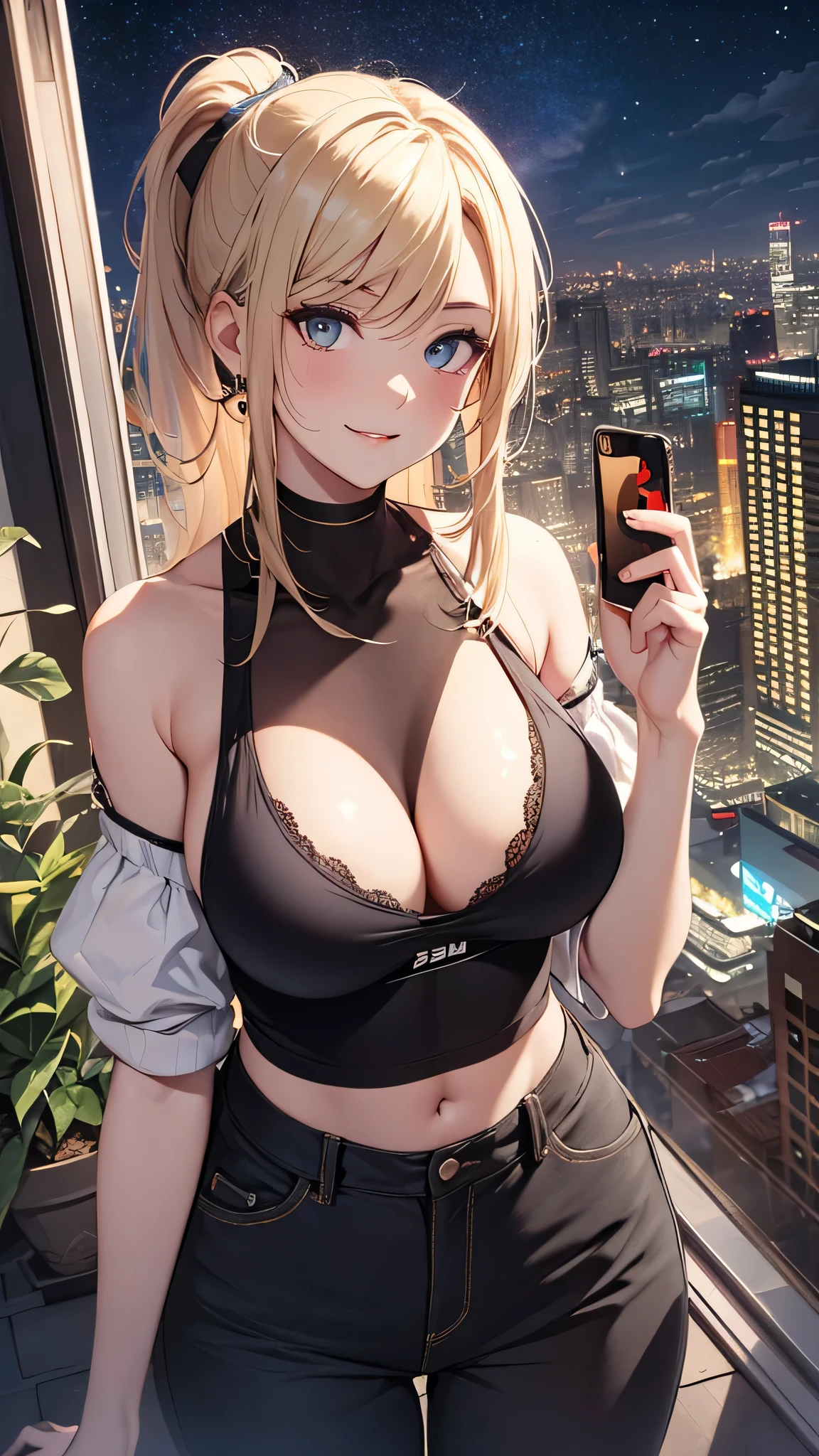 最high quality、best image quality、masterpiece、girl((20-year-old、 By becoming、vest bust、medium bust,wide open breast tea、shining eyes, blonde、long hair、thin,highest valley、ponytail、Very short shirt、short belly sports pants、cool pose、Please bring your smartphone、sweating、smile、forward leaning movement、)),high quality、beautiful art、background((Rooftop with great atmosphere at night、beautiful illumination))、Flight、debris flies、Depth of written boundary、movie、visual art、perfect art、8k,genuine、
