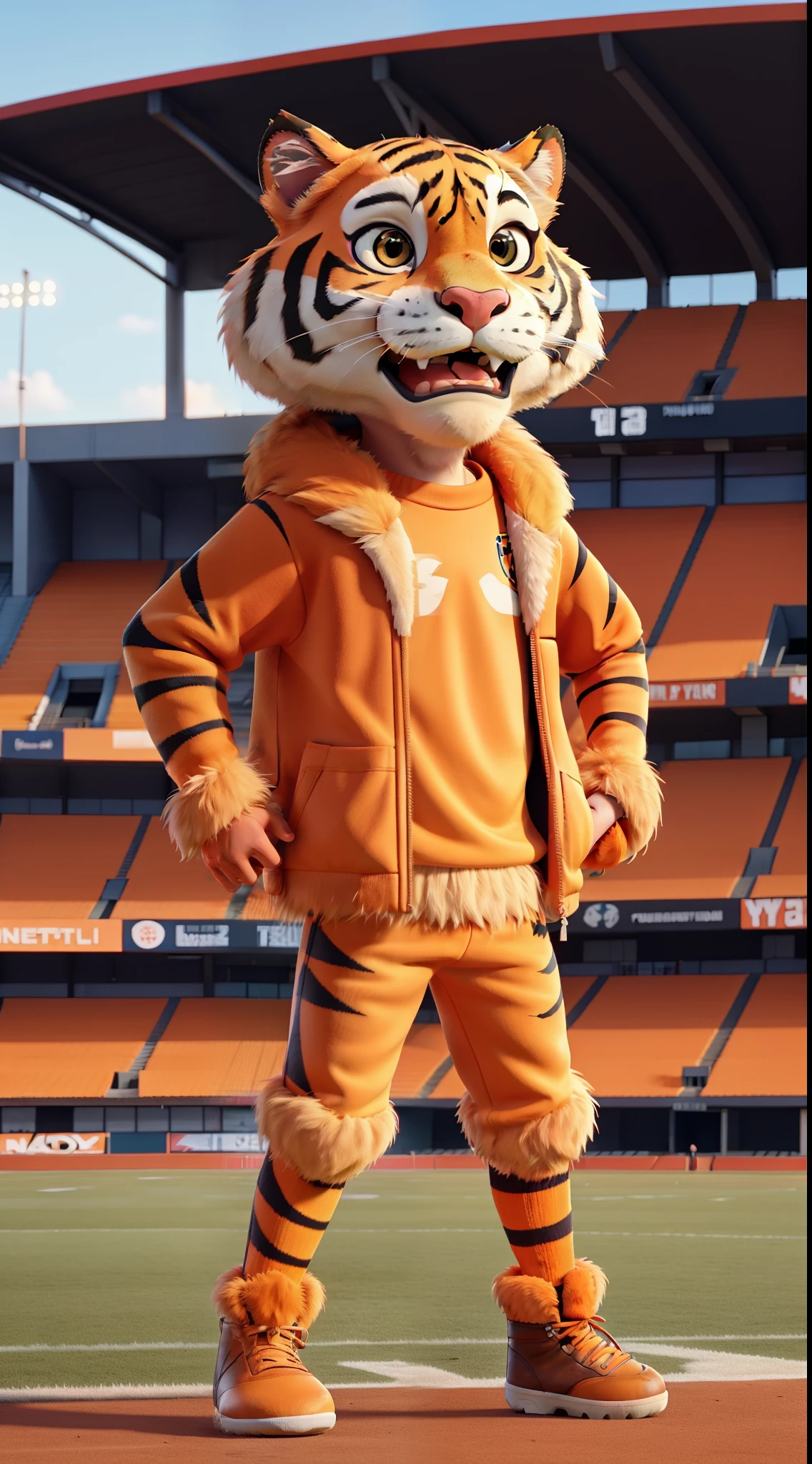 a tiger, orange fur, Clothing football, In front of the football stadium, 1 person