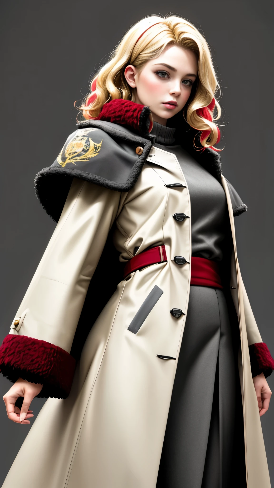 Realistic Red Sotheby Girl Photo,Side waves with a short cut,Blonde hair with red tips,cool look,background is gray,Coat of arms of the Principality of Zeon,