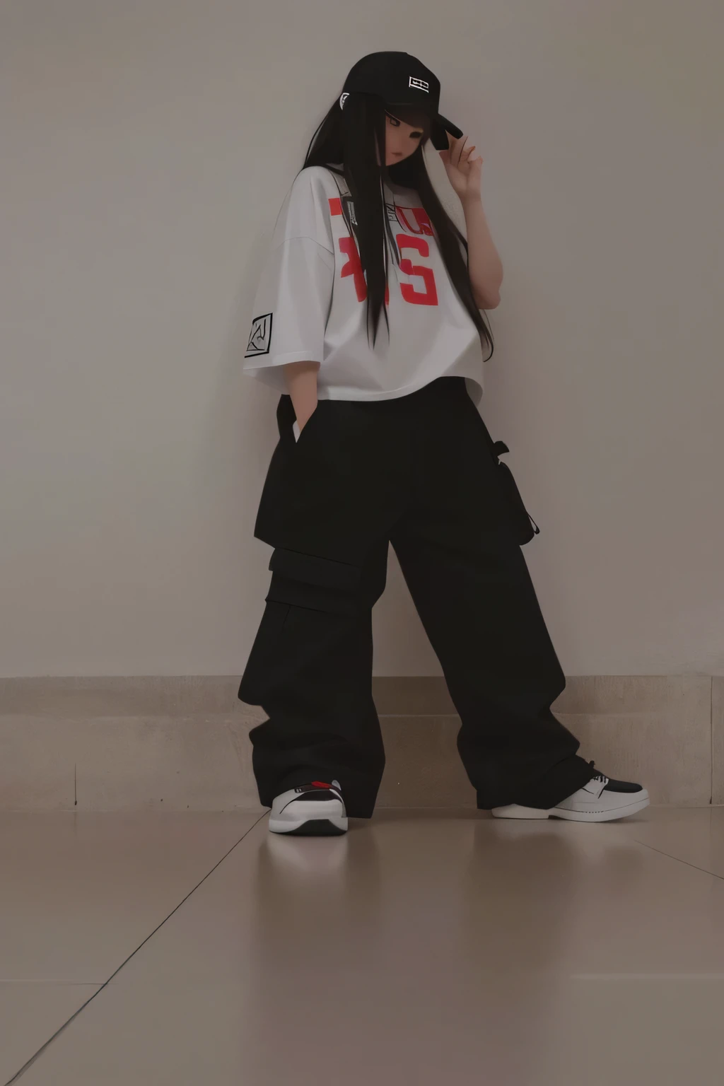 there is a woman standing on a step with a hat on, baggy pants, baggy black pants, large pants, wearing a baggy, with two front pockets, baggy, she is wearing streetwear, cargo pants. , cute huge pockets, photograph of a techwear woman, jossi of blackpink, black pants, wearing japanese techwear, cargo pants, slim girl , white t shirt 