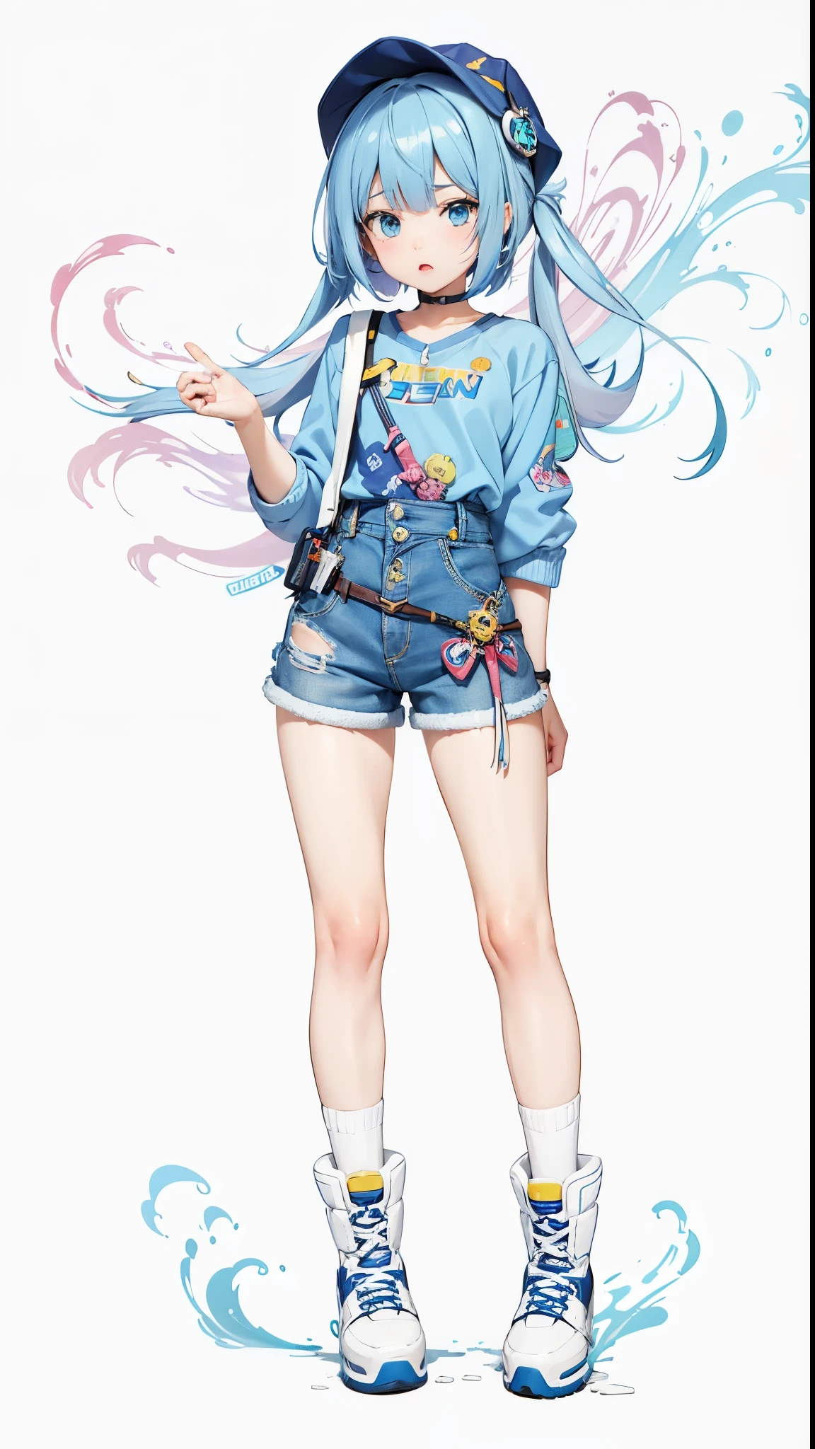 blue hair、Anime girl in blue shirt and blue shorts, anime full body illustration, full body illustration, short full body portrait!, Very detailed and beautiful fan art, Clean and detailed anime style, carry pistol, Highly detailed character design, anime style illustration, anime style characters, Clean and detailed anime art, 90s anime style, 90s anime style