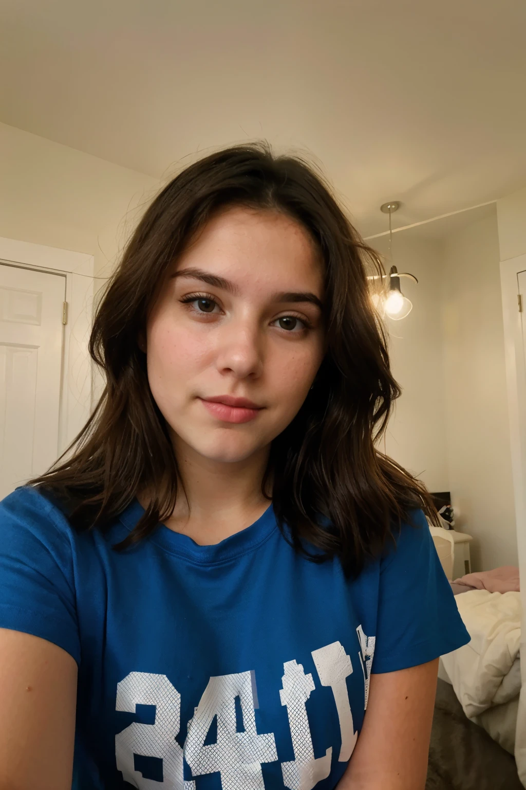 Close-up photo of the face of a cute 24-year-old pretty brunette girl, (you look embarrassed:1.3), beautiful woman, Large breasts, selfie in your room, dark, blurred background, Plump bright lips, wearing a T-shirt