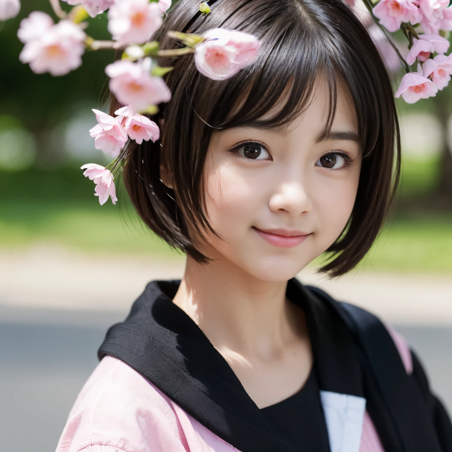 Best-quality, Masterpiece, Ultra-High-Resolution, (Photorealistic:1.4), Raw-Photo, 
1girl, the most famous Japanese idol, -yeld, poait, face-focus, innocent-smile, looking at viewer, (wearing light-pink spring-clothes with cute-design), (extremely cute face like the most popular Japanese idol), (extremely beautiful black-short-cut-haired), (((extremely beautiful big-black-eyes))), extremely beautiful skins, extremely beautiful long-eyelashes, extremely beautiful lips