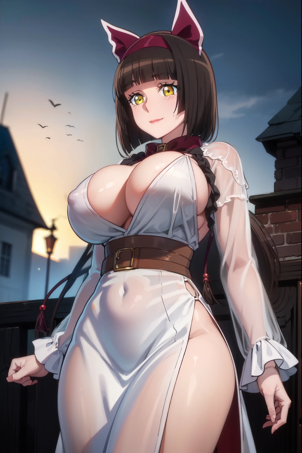 (Masterpiece, High Quality, Top quality, High-Detailed, Detailed CG, Cinematic Shadow, Cinematic Scene, Beautiful Detailed Eyes, Ultra Resolution, Depth of Field), (Full Body View), (Full Body Shot), Looking At The Audience, (Blush Expression:1.2), (Smiling Expression:1.2), ( Expression:1.0), (NSFW:1.2), Yellow Eye, Black Hair, Five Fingers, Two Hand, Good Composition, Curvy, (White Dress), (Long Sleeves), (Long Dress), (See-through Dress), Thicc Thighs, Thick, Large Breast Breast, Outdoark Theme, Dark Atmosphere
