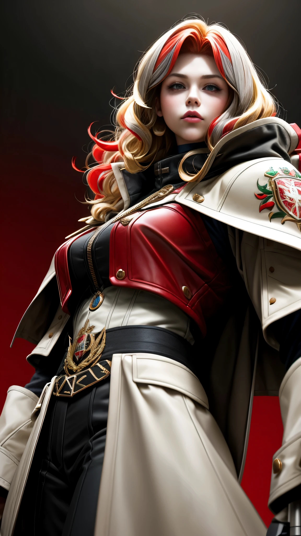 Realistic Red Sotheby Girl Photo，Side waves with a short cut，Blonde hair with red tips，cool look，background is gray，Coat of arms of the Principality of Zeon，