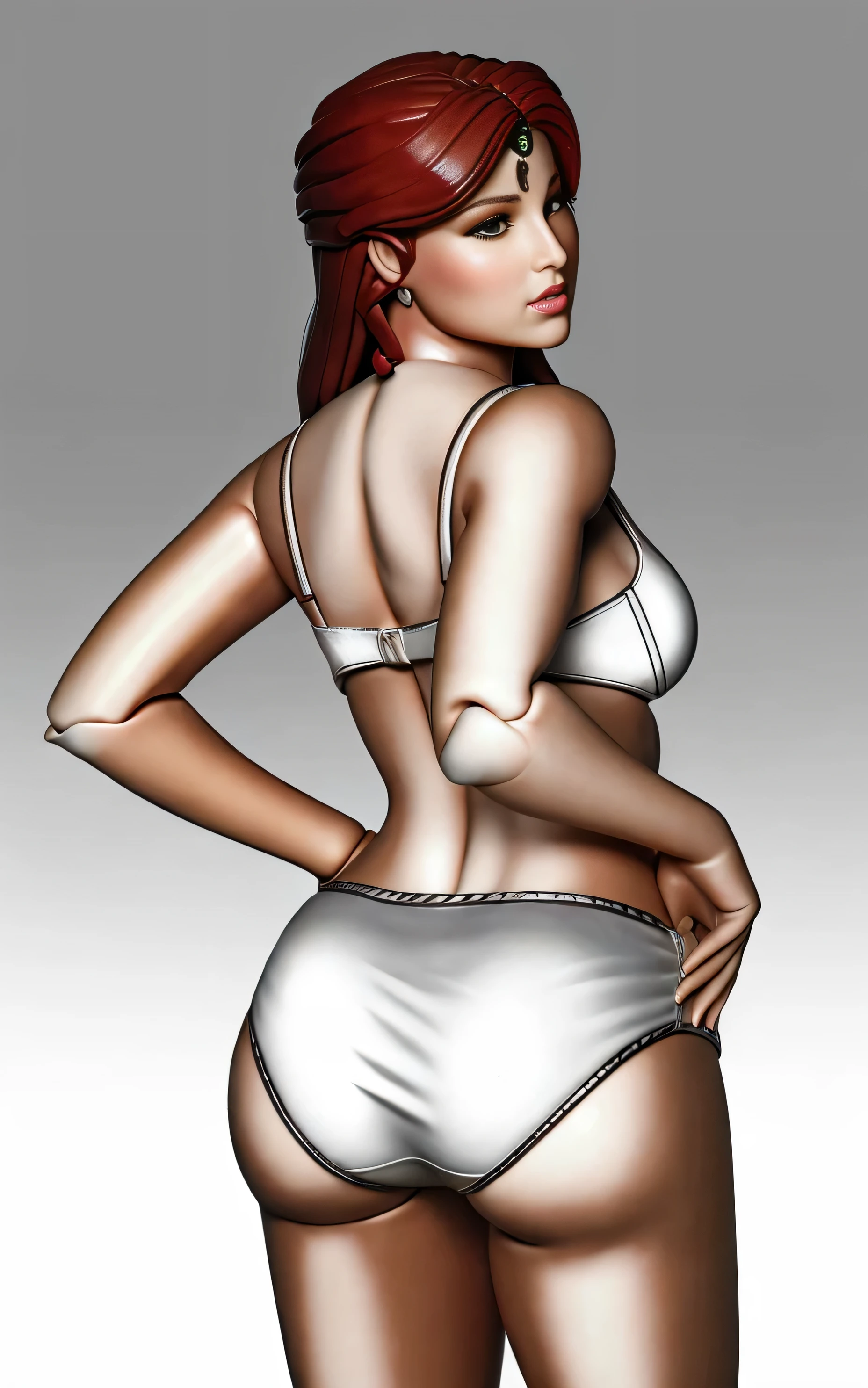 ((masterpiece, best quality)), ((33 year old)), (((Curvy))), (((Latina with long red hair))), green eyes, in white bra, adjusting her ((white fullback cotton panties)), (((Large Hips))), Annoyed expression, (((realistic Action figure, toy close up, detailed figurine)))