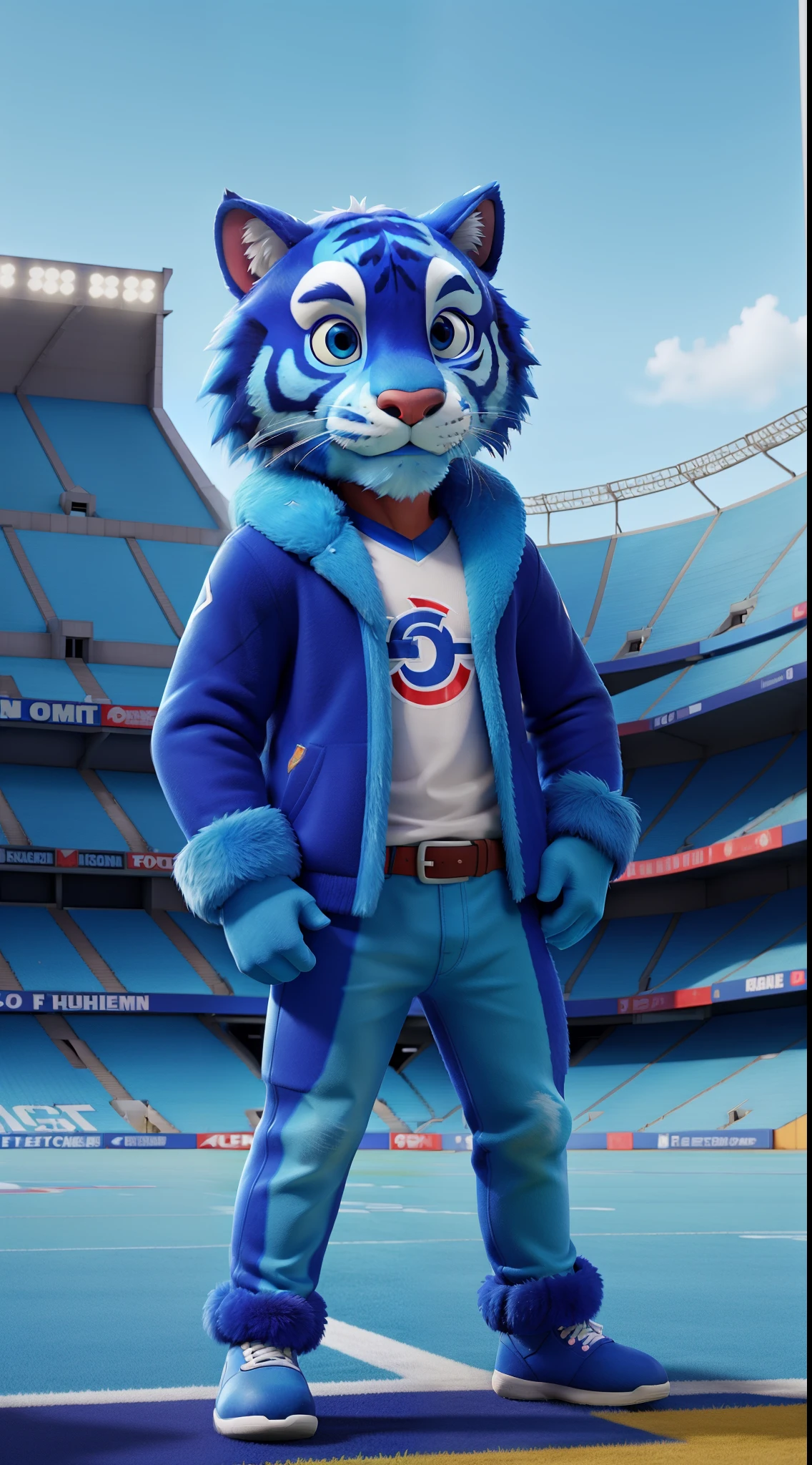 a blue tiger, blue fur, Clothing football, In front of the football stadium, 1 person