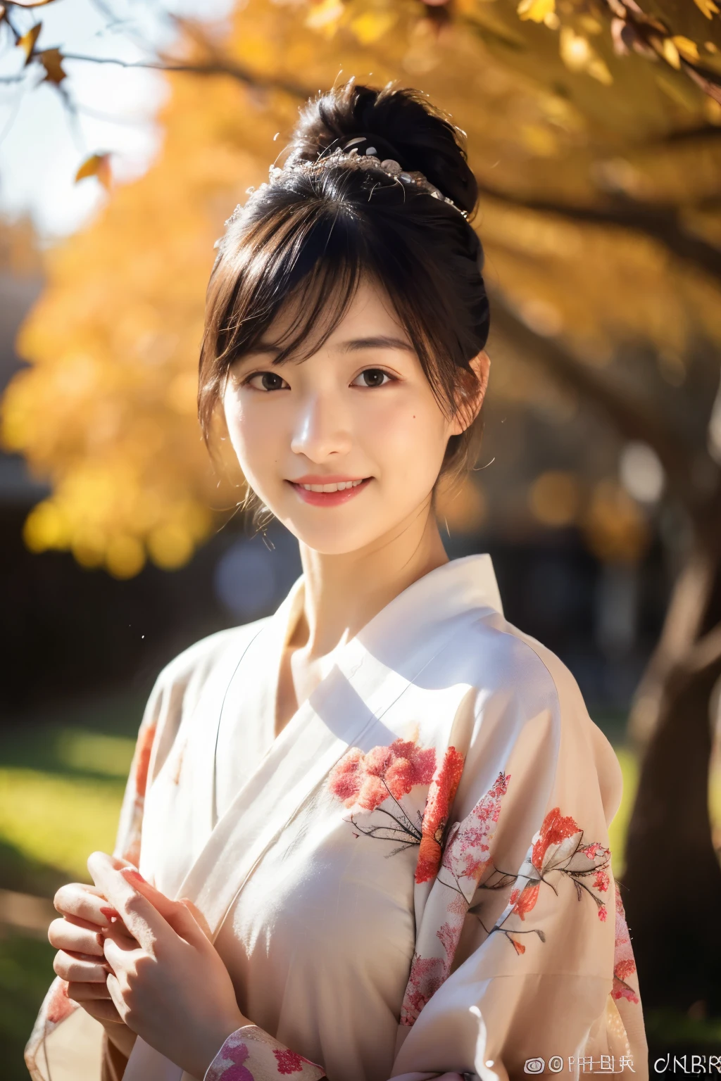 (actual:1.3), Rembrandt lighting, (masterpiece:1.2), (photoactual:1.2), (best quality), (Delicate skin:1.3), (intricate details), Ray tracing,1 girl, japanese girl, 21 years old, Delicate skin texture, (blush:0.5), subsurface scattering, smiling, hair tied up, Bangs, hair between eyes, hair accessories, kimono, floral, wearing edgJF_kimono, fine seat (sunny day, autumn environment, Autumn trees and leaves, (is transparent:1.2)