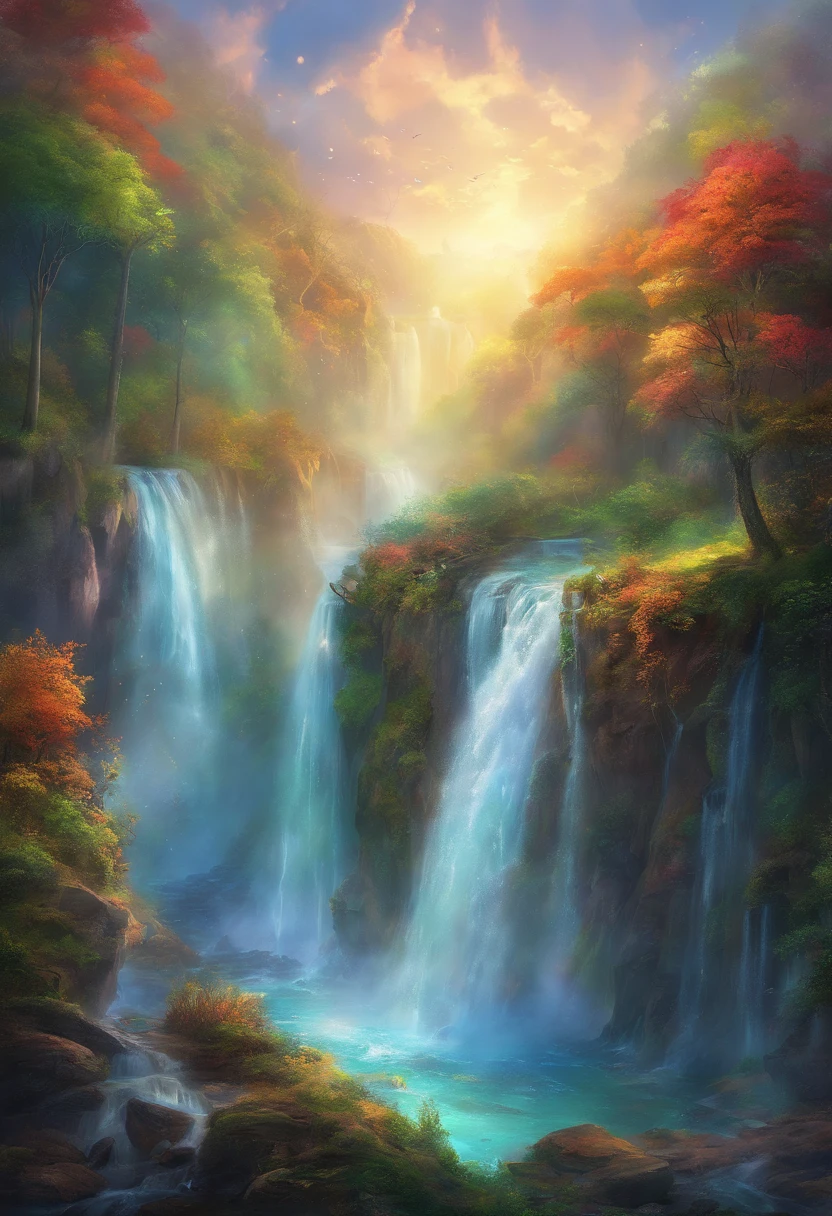 
     The magnificent world of waterfalls！The water rushes、Water droplets splash，Feel the power of nature and the wonderful splash of water，A dense mist of water is formed when the sun&#39;s rays shine through the water curtain of the waterfall.，will form a beautiful rainbow。Stand at the end of the rainbow，You will feel a mysterious power in the intricate details, masterpiece,  lifelike, Best quality photo quality.ultra high definition
