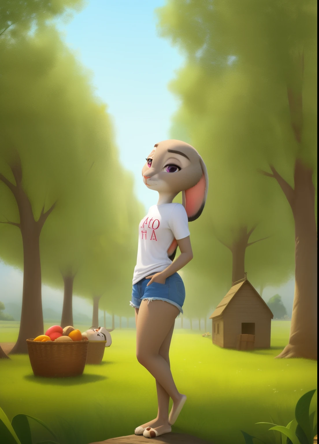 judyhopps, antro femenino peludo, rabbit girl, orejas de conejo, camisa a cuadros, de pie, mangas cortas,  shorts de mezclilla, cola, solo, (pelaje del cuerpo:1.2), (Mejor calidad), (Background of Agricultural Field Crops:1.2), portrait lighting, (decolaed fluffy fur:1.1), Mirando al espectador, sonrisa, prestar,  teniendo sexo