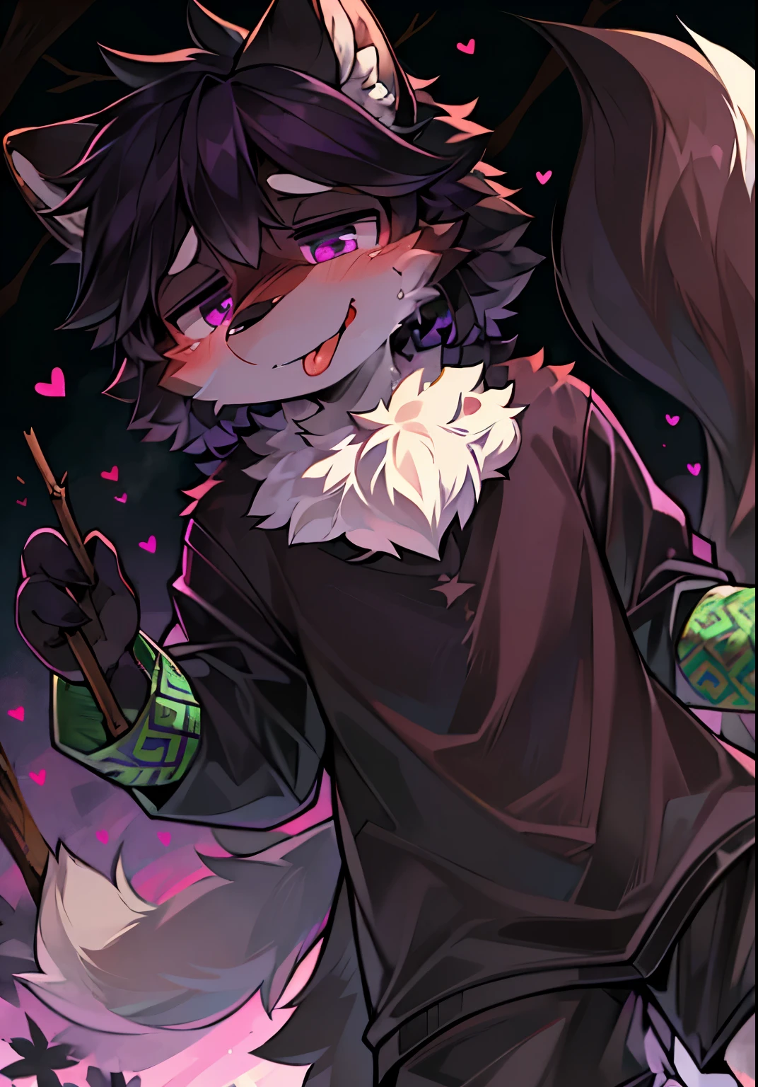 eyes with brightness, in a panoramic view, Character focus.(detailedbackground:0.7), solo, shaggy, shaggy male, malefocus, (Full Body Furry, Fluffy tail, White and dark black fur, Purple eye,long canines,There is a green pattern on the body,Stick out your tongue,Shy,There is a blush on the face