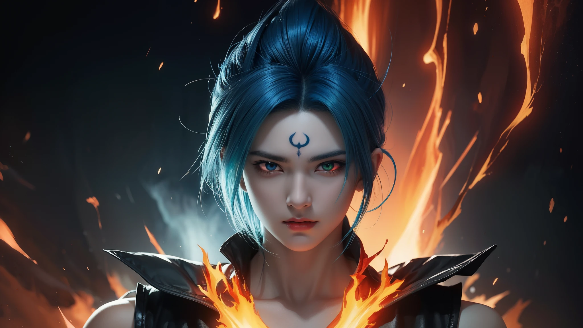 Green Gohan demon god with handsome face, glowing blue hair and tattoo, glowing red eyes, transformed state mode, extreme instinct, epic anime about energy man, fire, lava , epic anime artwork, concept art Dragon Ball Universe Concept, 8k manga wallpaper, detailed digital anime art, advanced digital anime art, detailed anime artwork , bad anime 8k