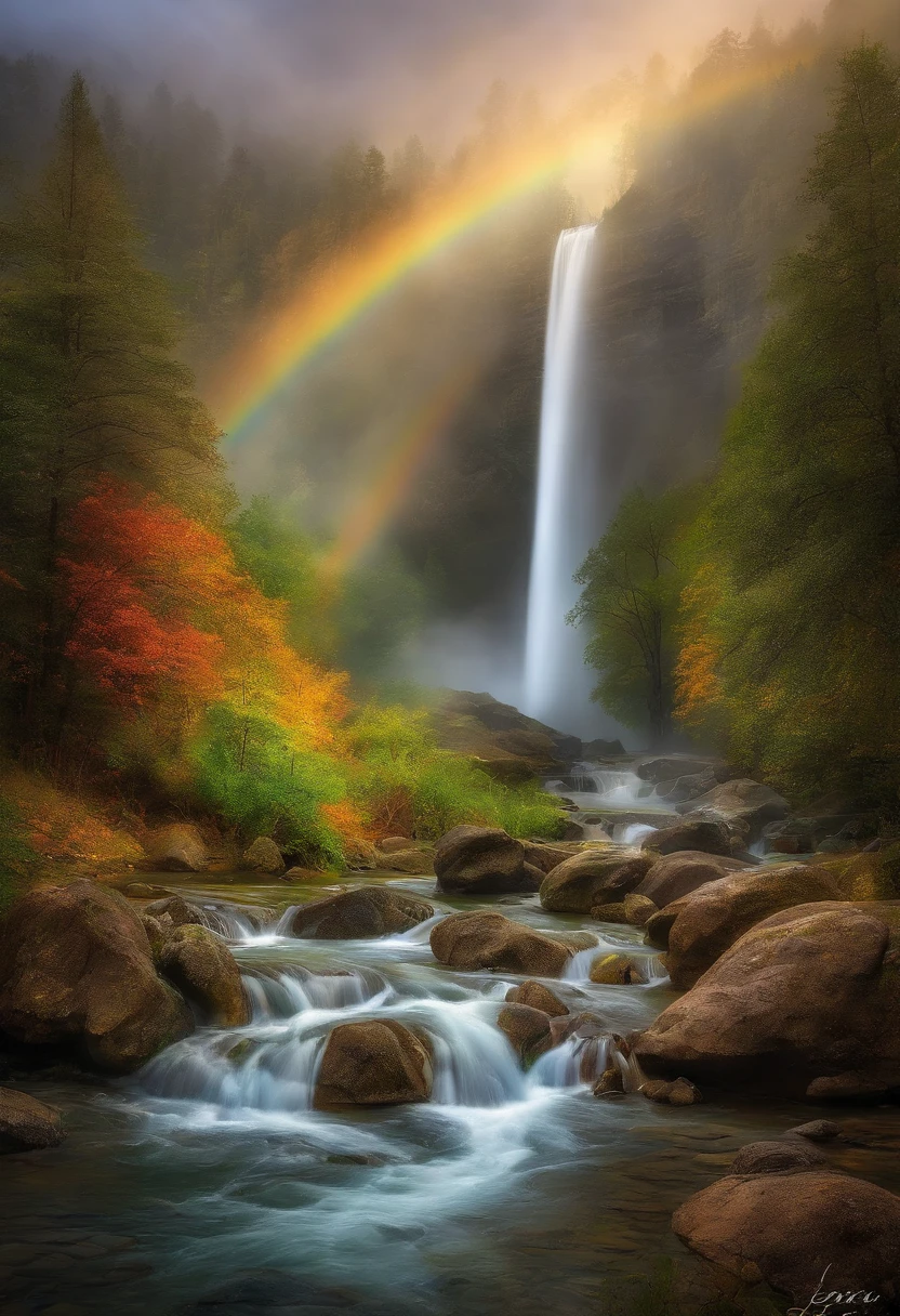 
     The magnificent world of waterfalls！The water rushes、Water droplets splash，Feel the power of nature and the wonderful splash of water，A dense mist of water is formed when the sun&#39;s rays shine through the water curtain of the waterfall.，will form a beautiful rainbow。Stand at the end of the rainbow，You will feel a mysterious power in the intricate details, masterpiece,  lifelike, Best quality photo quality.ultra high definition