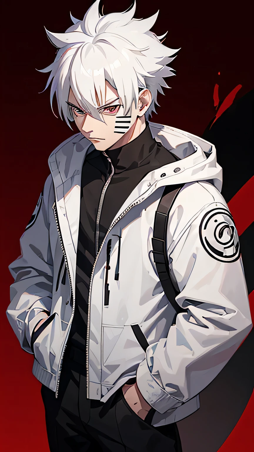 a man with white hair and a black jacket standing in front of a red and black background, kakashi hatake, badass anime 8 k, kakashi, joker as naruto, trigger anime artstyle, shinobi, anime wallaper, naruto artstyle, akatsuki akira, pain from naruto, joker looks like naruto, anime wallpaper 4 k, anime wallpaper 4k
