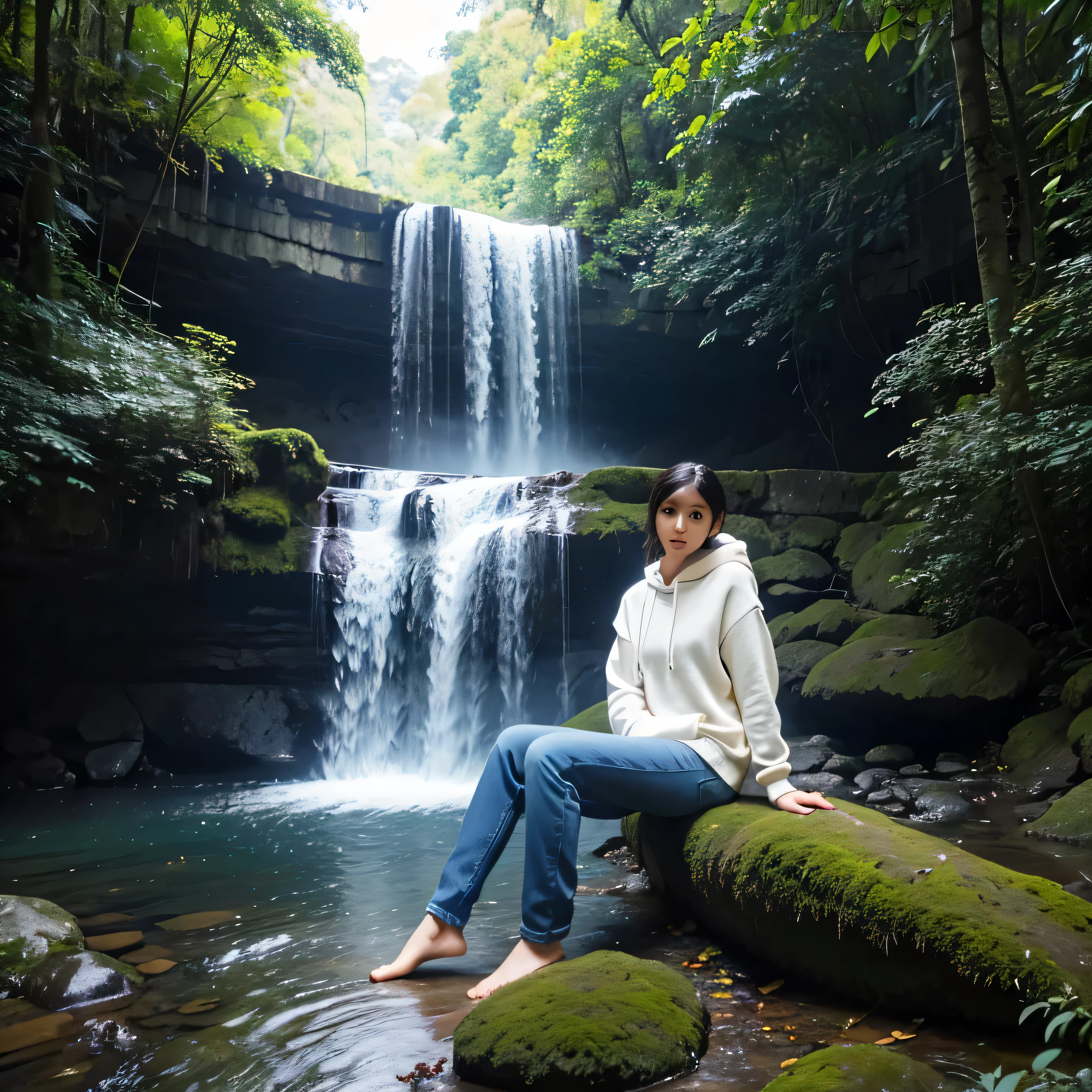 TYPE : Beauty Photography
THEME : nature
RACE : Indonesian, young
PERSON 1 : Early 20s, woman
SCENE : outdoor, sitting on stone ,beautiful waterfall, the natural beauty of forests and waterfalls , wind blowing effect.
PROPS: : beautiful waterfall, green trees , midday , blue sky , wearing hoodie sweater and long trouser jeans, wind blow
CAMERA : photographed using an Canon eos 90d DSLR camera with 18-135mm lens , skin texture , detailed face , close up , low exposure
ANGLE : High Dynamic Range (HDR) shot