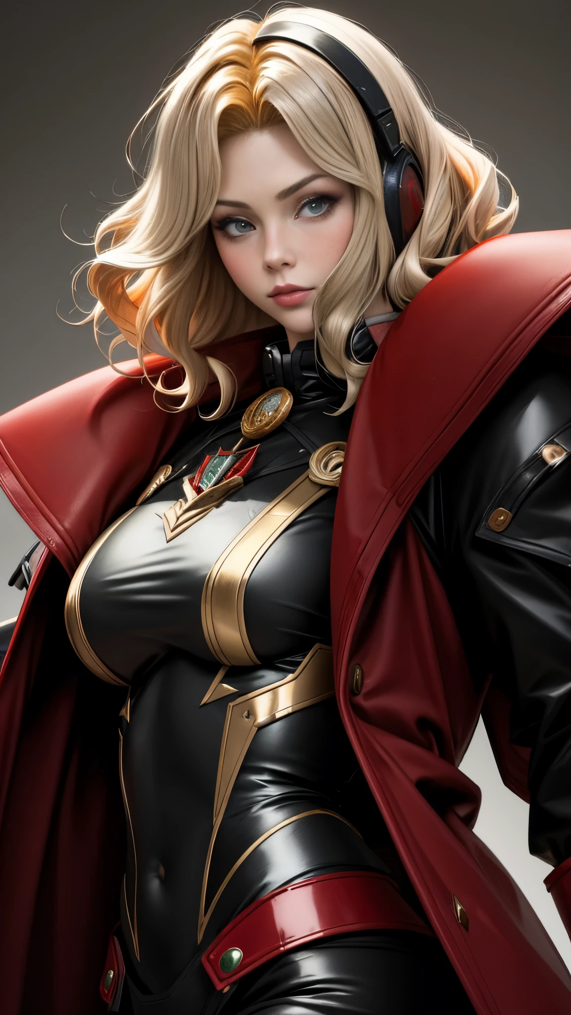 1girl, solo, red_cape, jewelry, cape, armor, earrings, shoulder_armor, looking_at_viewer, white_hair, breasts, red_lips, pauldrons, gloves, black_background, cowboy_shot, gauntlets, medium_hair, black_gloves, holding, lips, standing, red_eyes
