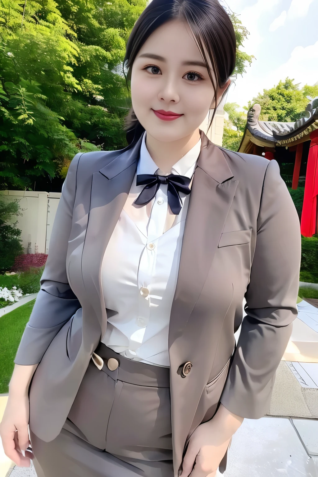 ((top quality、8k、masterpiece:1.3))、sharp focus, High level of image quality, high resolution，Draw lips correctly, red lipstick, from chest up, best quality, Super detailed, lifelike, Super fine skin, perfect anatomy, (Chinese women), (alone)，gray shirt，Buttons clearly visible，
red bow tie，blue blazer，27-year-old woman，Mature，charming smile，Chubby face，Round cheeks，hair tied up，Slightly fat body，garden background