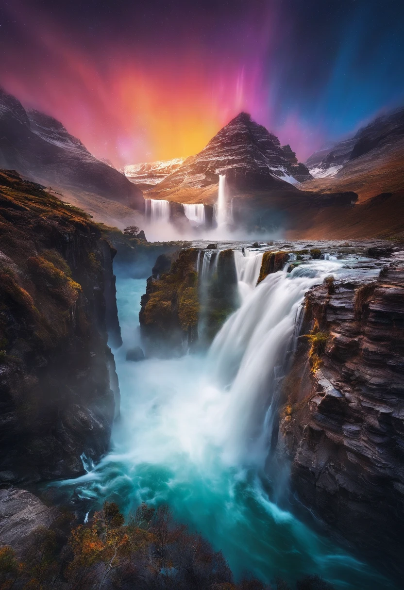 The magnificent world of waterfalls!The water rushes、Water droplets splash,Feel the power of nature and the wonderful splash of water,A dense mist of water is formed when the sun's rays shine through the water curtain of the waterfall.,will form a beautiful rainbow。Stand at the end of the rainbow,You will feel a mysterious power in the intricate details, masterpiece, lifelike, Best quality photo quality.ultra high definition