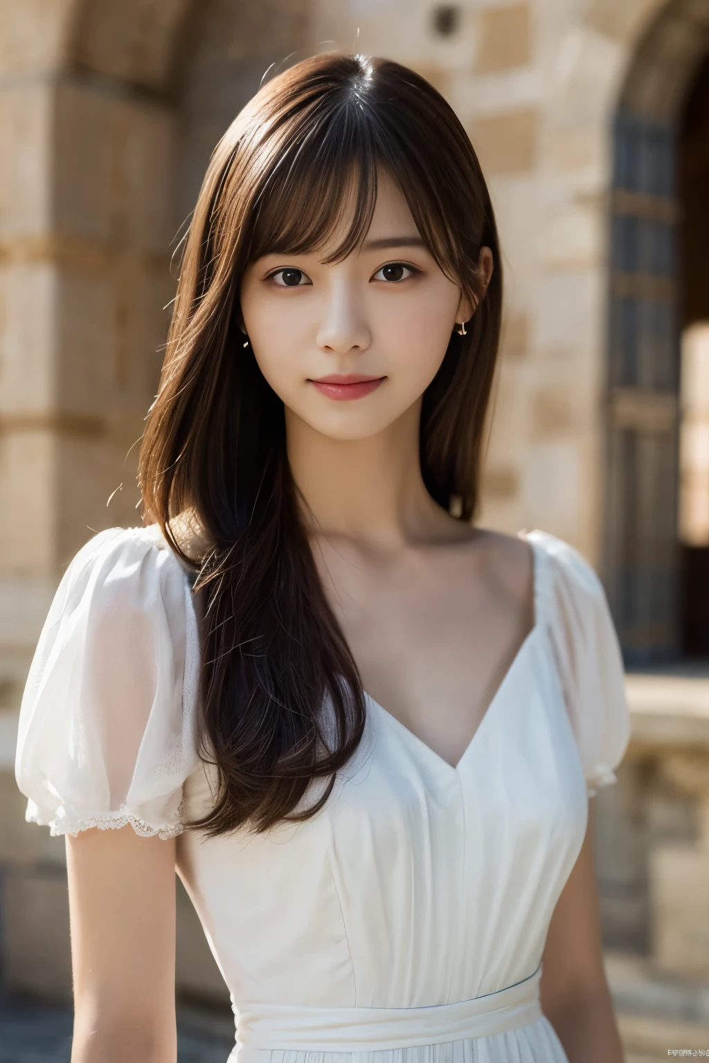 1 girl, (wear a white dress:1.2), (RAW photo, highest quality), (realistic, Photoreal:1.4), very delicate and beautiful, very detailed, 2k wallpaper, wonderful, finely, very detailed CG Unity 8K 壁紙, super detailed, High resolution, soft light, beautiful detailed girl, very detailed目と顔, beautifully detailed nose, detailed and beautiful eyes, cinematic lighting, (castles of the loire:1.3), , perfect anatomy, slender body, 
straight semi-long hair, looking at the viewer, slight smile