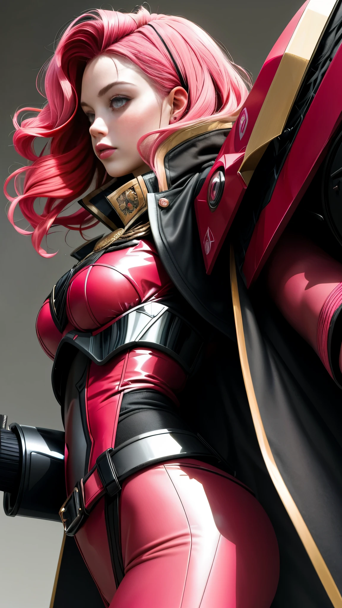 Realistic Red Sotheby Girl Photo,Side waves with a short cut,Her hair color is bright pink with red tips.,cool look,background is gray,Coat of arms of the Principality of Zeon,