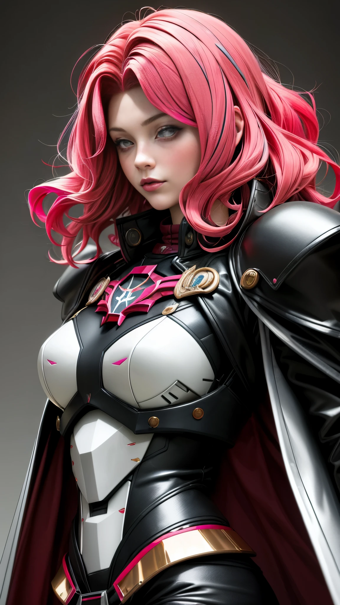 Realistic Red Sotheby Girl Photo,Side waves with a short cut,Her hair color is bright pink with red tips.,cool look,background is gray,Coat of arms of the Principality of Zeon,