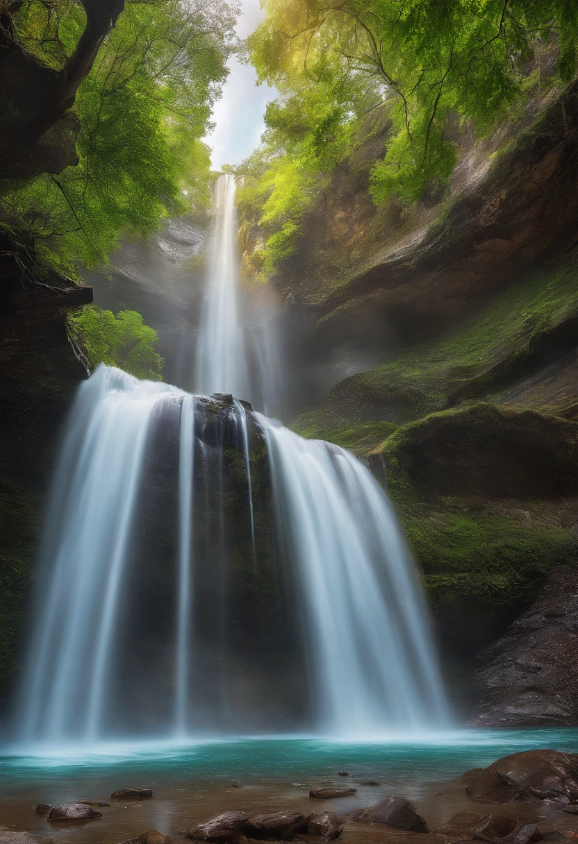 The magnificent world of waterfalls!The water rushes、Water droplets splash,Feel the power of nature and the wonderful splash of water,A dense mist of water is formed when the sun's rays shine through the water curtain of the waterfall.,will form a beautiful rainbow。Stand at the end of the rainbow,You will feel a mysterious power in the intricate details, masterpiece, lifelike, Best quality photo quality.ultra high definition